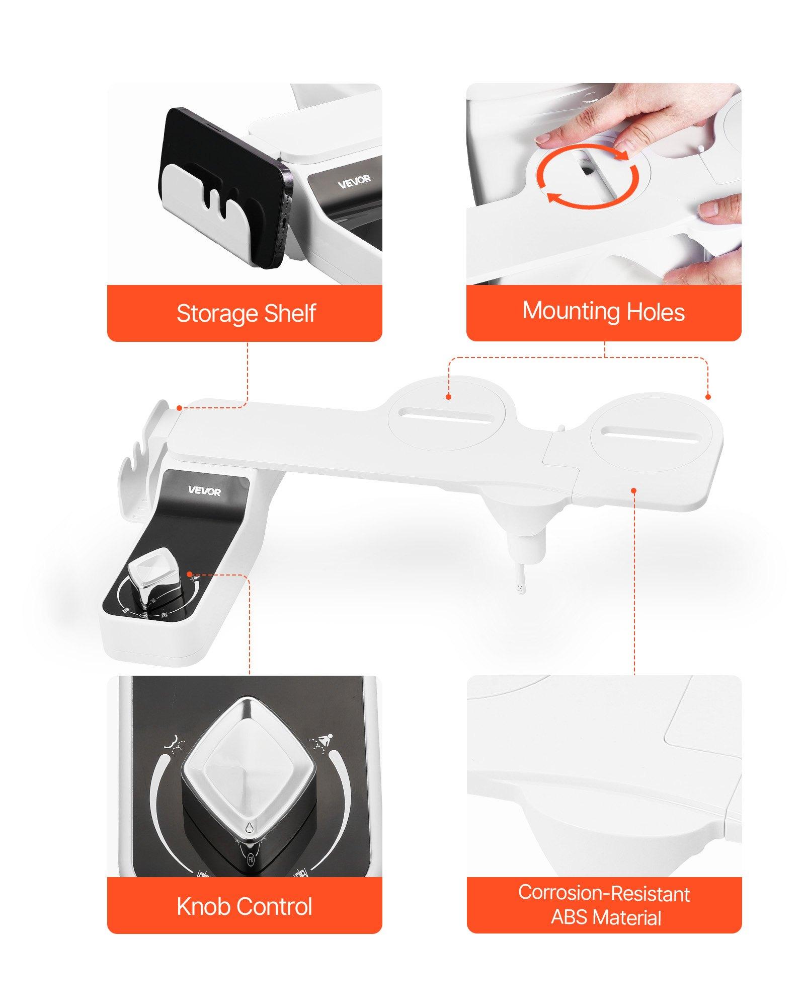 VEVOR Bidet Attachment for Toilet, 0.3" Ultra Thin Bidet Toilet Seat Attachment - Dual Retractable Nozzles, Adjustable Water Pressure, Non-Electric Cold Water Sprayer for Front Rear Water Wash, White