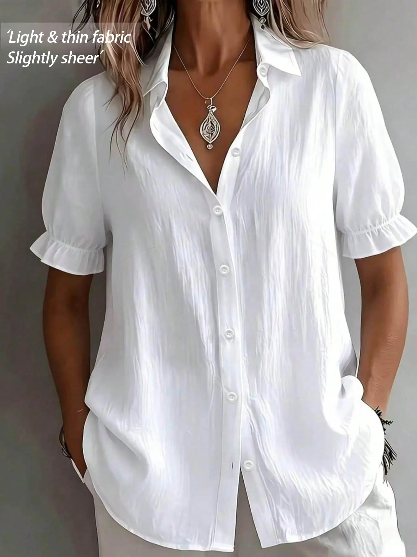 Plus Size Ruched Short-Sleeve Collared Blouse Casual Button-Detail Ruffled Cuff Loose Fit Shirt, Y2K Clothes Summer Daily Wear, Trendy Minimalist Tops, Comfortable Relaxed Fit Casual Ensembles, Stylish Classic Detail Party Casual Wear