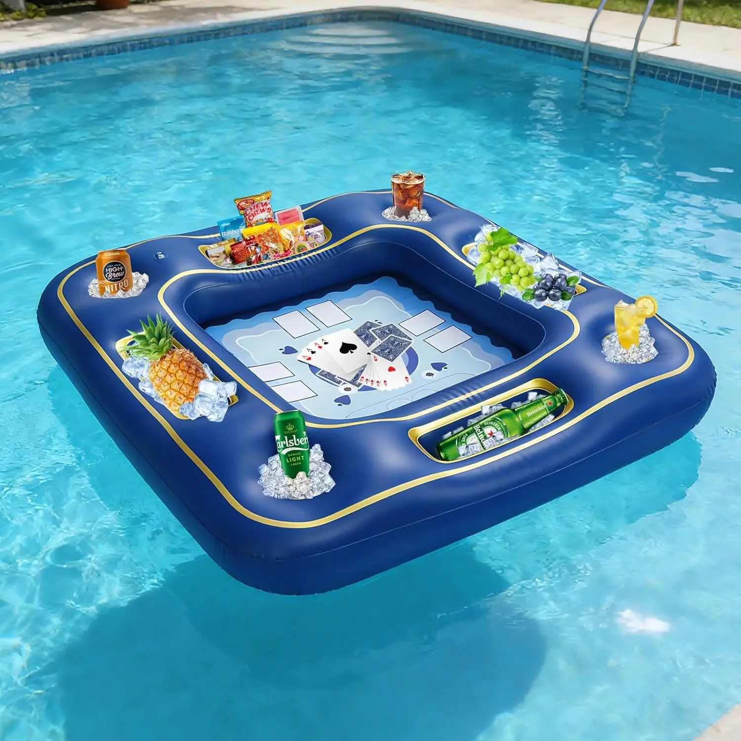 Premium Inflatable 4-Person Floating Poker Table for Pool - 40in Blue & Gold Set with Waterproof Playing Cards, for Pool Parties, Group Play