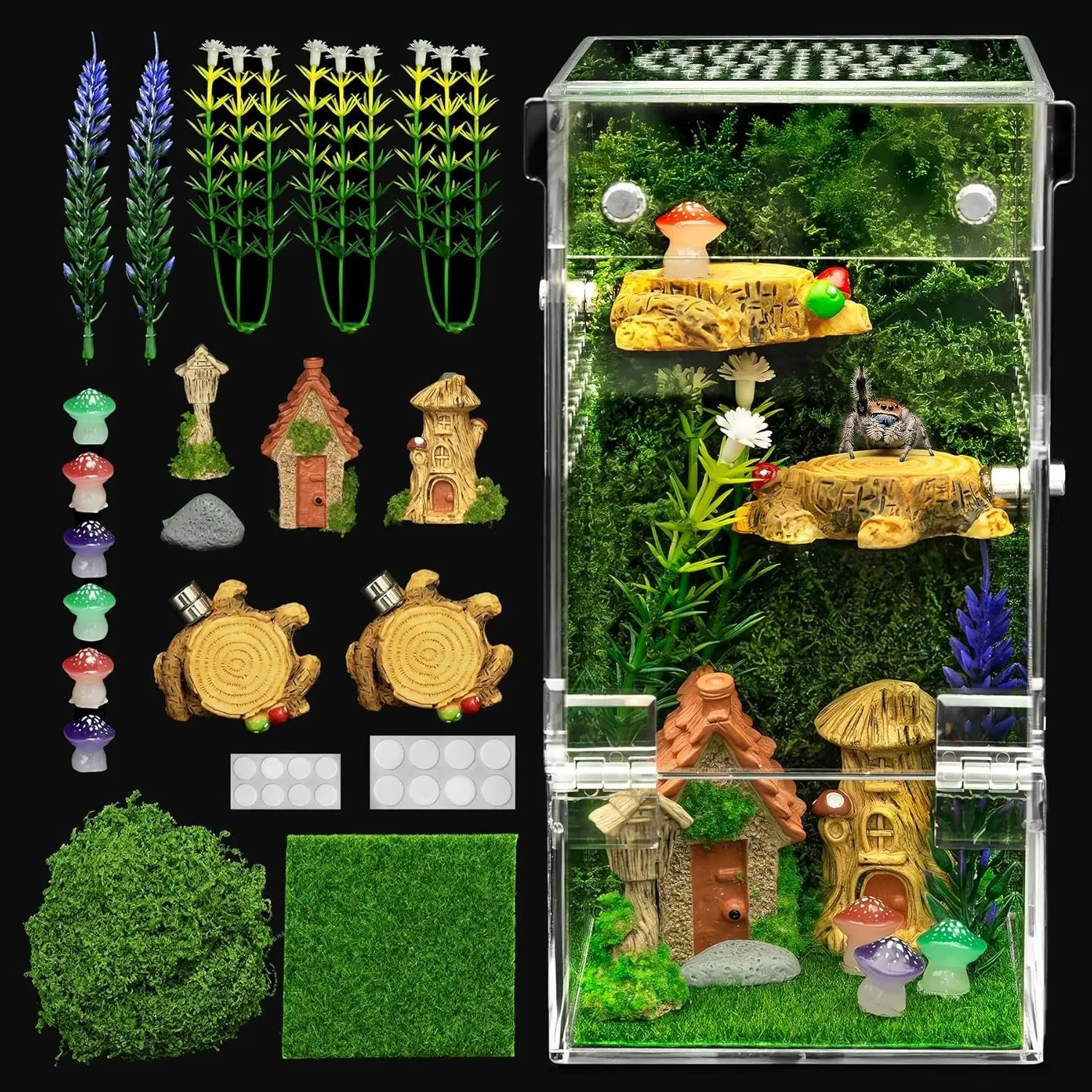 Jumping Spider Enclosure Starter Kit, Escape Proof Forest Terrarium for Praying Mantis, Transparent Acrylic All-in-One Arboreal Tarantula Cage & Insect HabitatGift