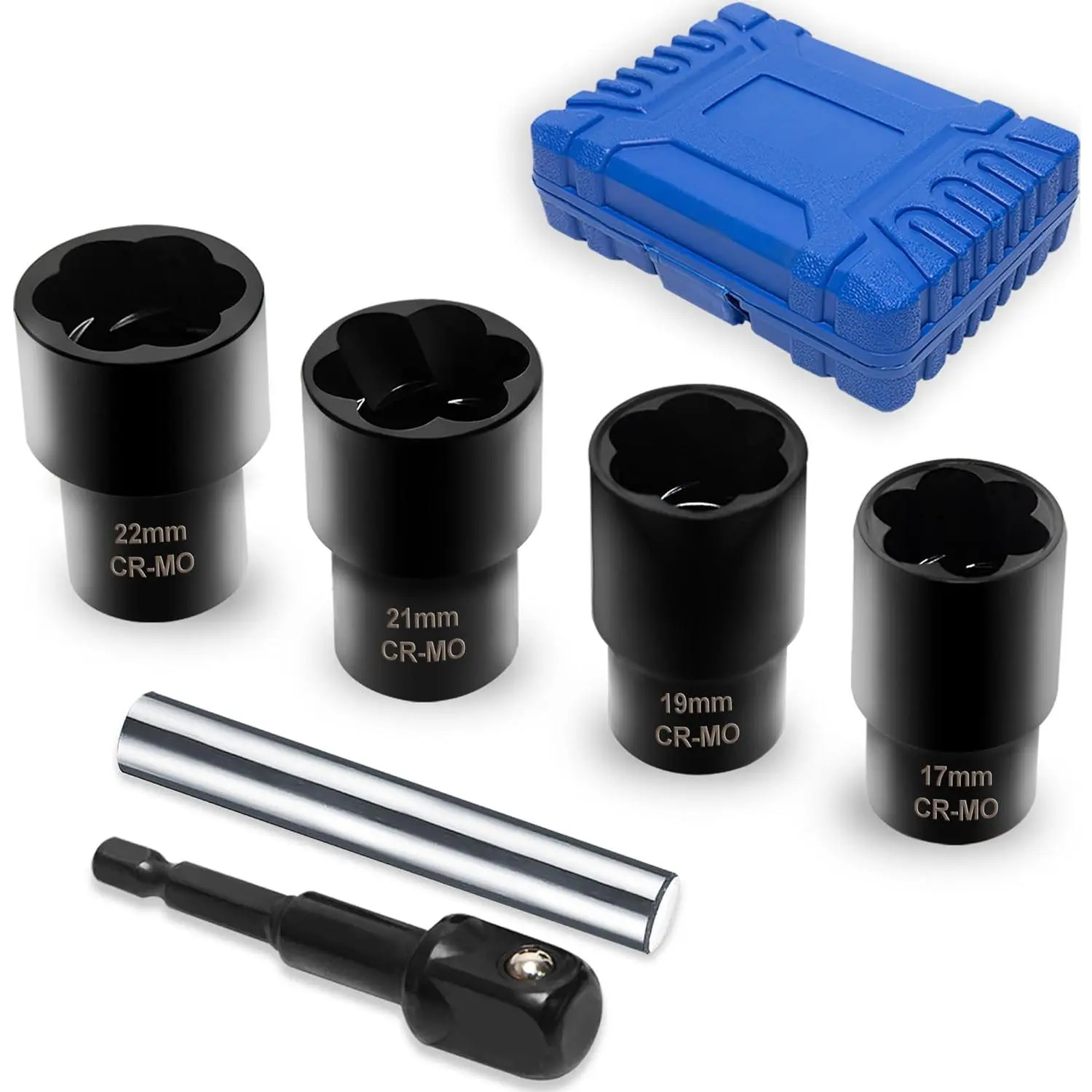 6 PCS Lug Nut Remover Set Duty 1/2" Drive Wheel Lock Bolt Extractor Kit Large Size 17-22mm for Damaged, Stripped, Rounded and, Cr-Mo