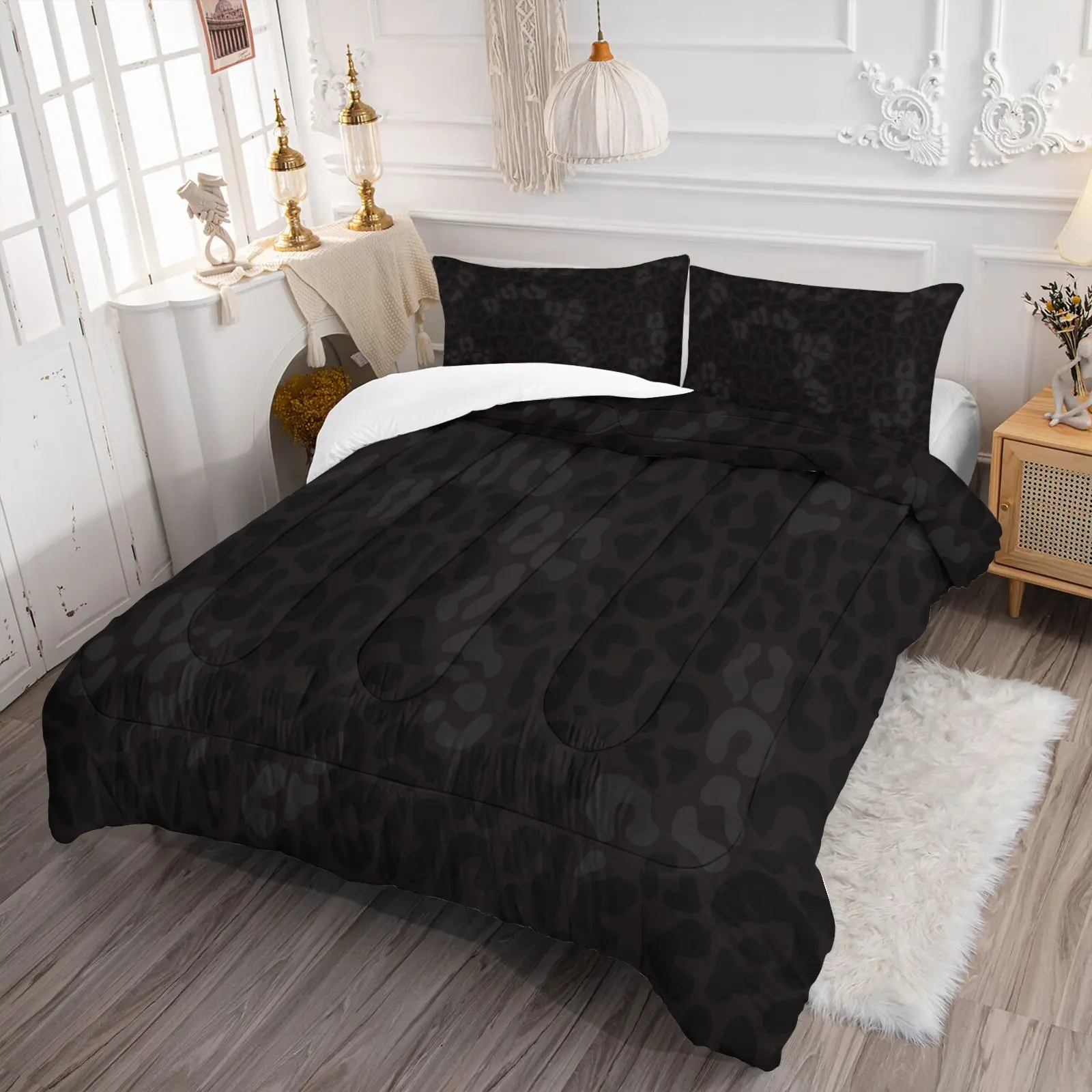 Dark Black Grey Leopard Print 2/3Pcs Comforter Set, Monochrome Dark Leopard Spotted Bedding Set--1 Comforter + 1/2 Pillowcases, U-Shaped Quilted Soft All Season Quilt Insert for Bedroom Dorm Decor Gothic Housewarming Gift