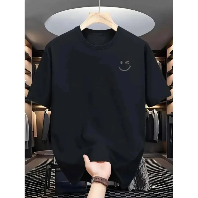 Men's Wink Smiley Face Graphic T-Shirt, Minimalist Clean Casual Tee in Soft Cotton, Oversized Short Sleeve Streetwear, Menswear, Round Neck, Everyday Wear