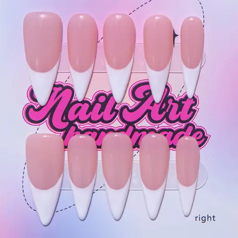 Delicatething Handmade Long Point Nails, 4 Sizes XS-S-M-L, French Tip Designs, Office Party Gift, Includes Jelly Glue, Crystal Stick, File