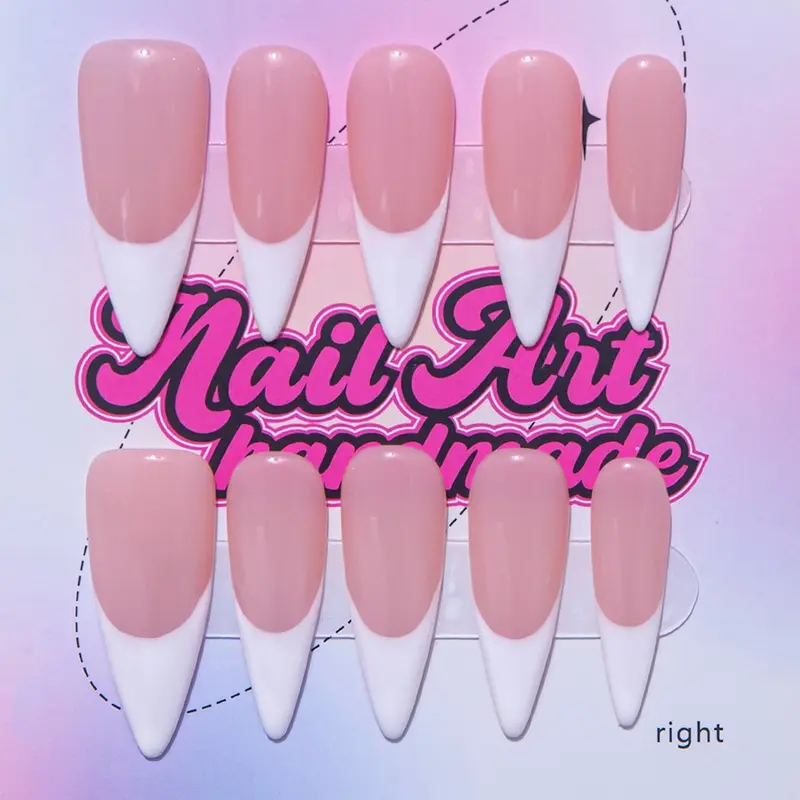 Delicatething Handmade Long Point Nails, 4 Sizes XS-S-M-L, French Tip Designs, Office Party Gift, Includes Jelly Glue, Crystal Stick, File