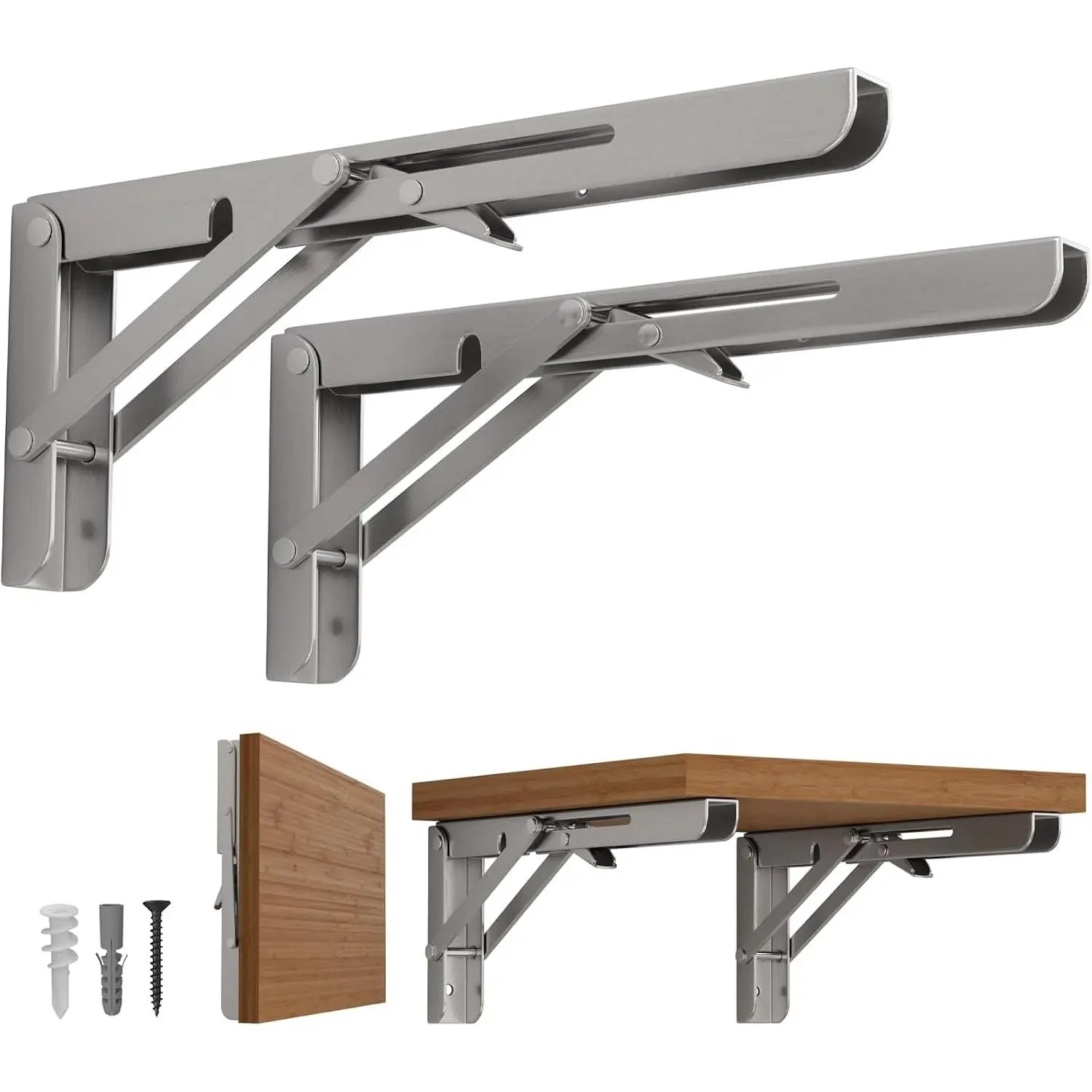 14 Inch Folding Shelf Brackets, 2 Pack Foldable Shelf Supports | Heavy Duty Triangle Wall Mounted Collapsible Brackets for Fold Down Table, Space Saving for Bench Table, Stainless Steel