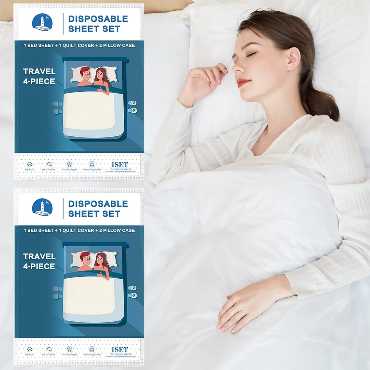 Two Sets of Disposable Bed Sheets, Quilt Cover and Pillow case Set for Hotel and Travel. Portable Ready to use Bedding Set (Travel 4-Piece Double) 2 SetsGift