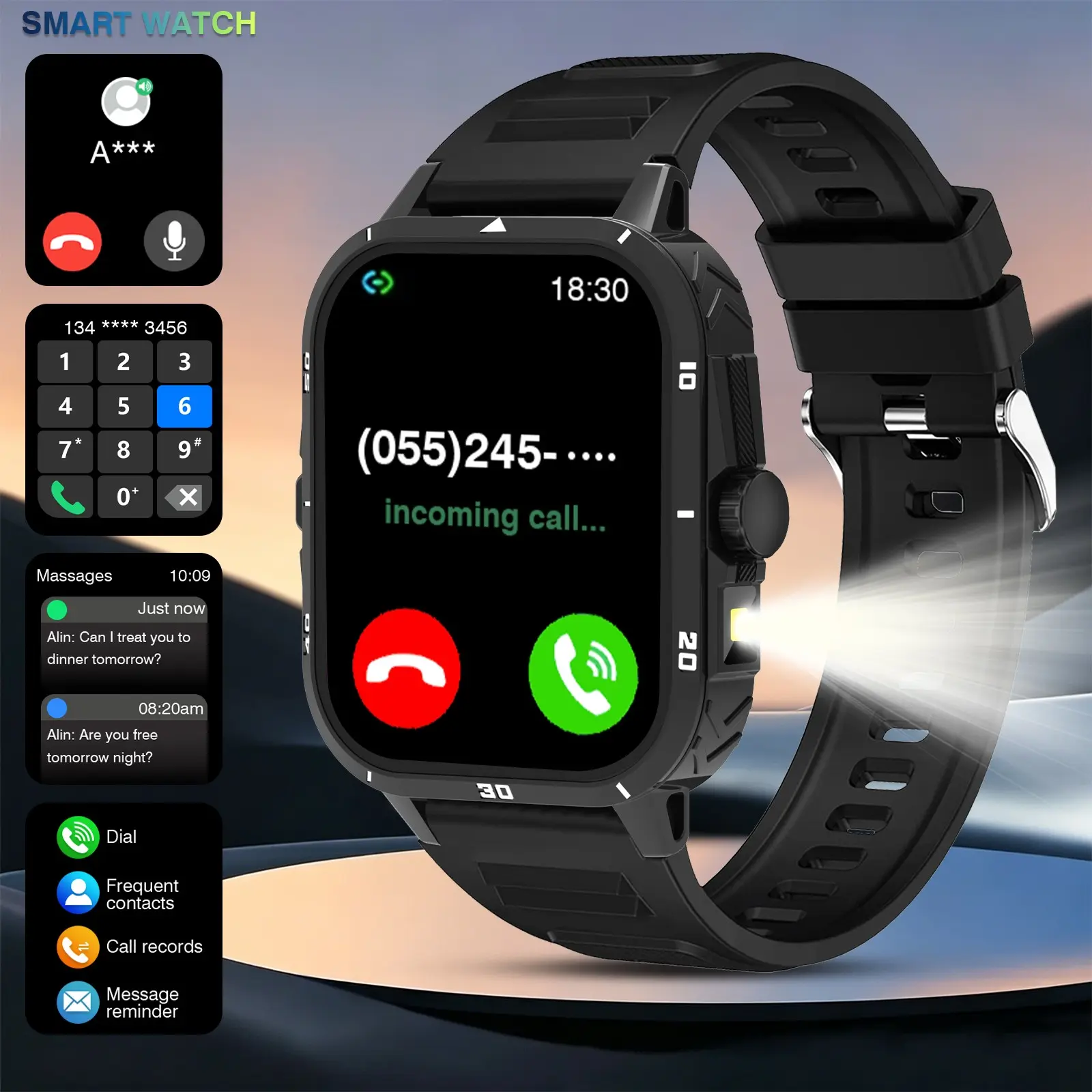 2026 New Smart Watch with LED Light, Wireless Calling, Camera & Music Control, Multi-Sport Modes, Alarm/Call-SMS Alert,  Iphone Android Compatible (Unisex)