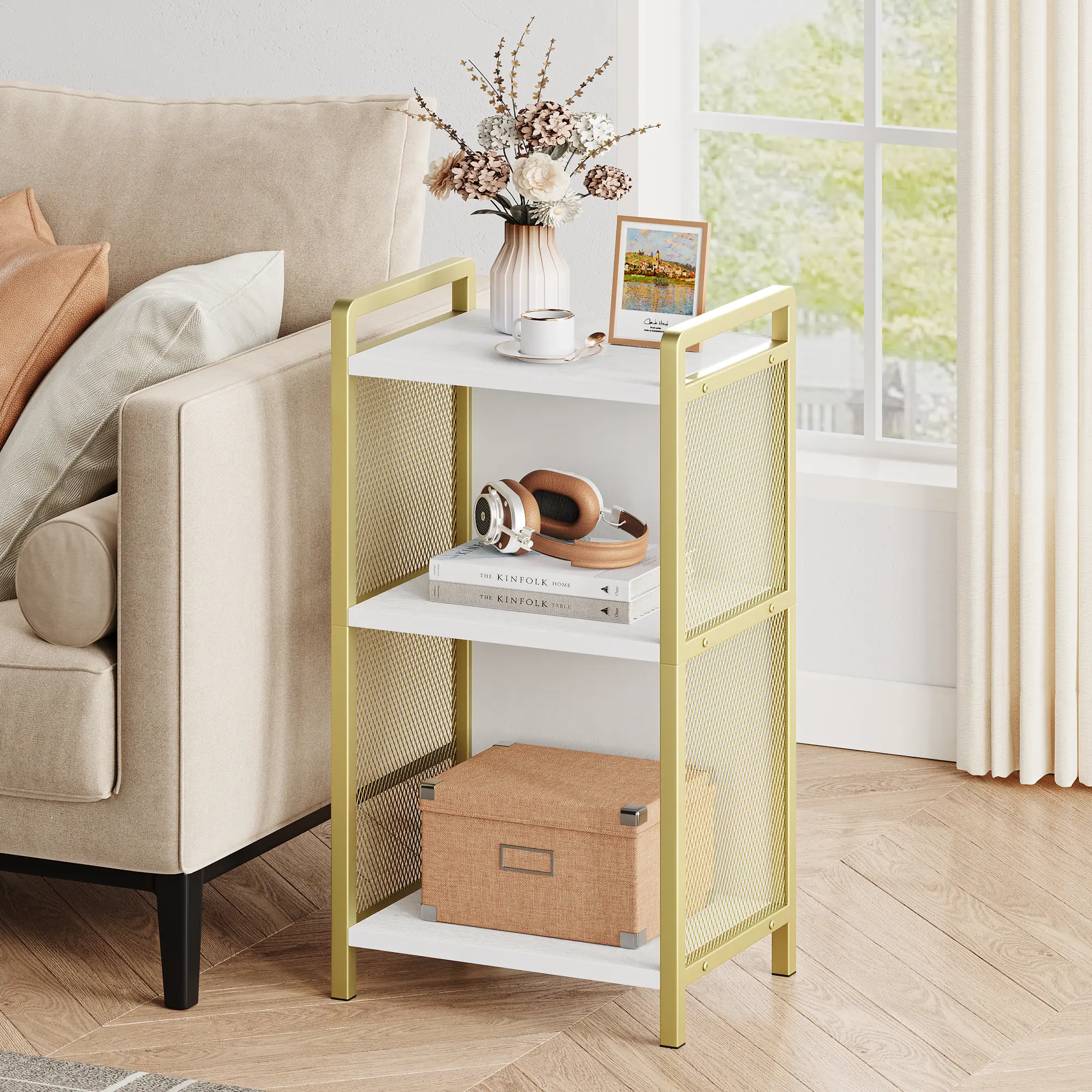 Gold Record Player Stand with 3-Tier Storage, Metal Turntable Stand, Marble Top Side Table for Living Room Bedroom Music Corner