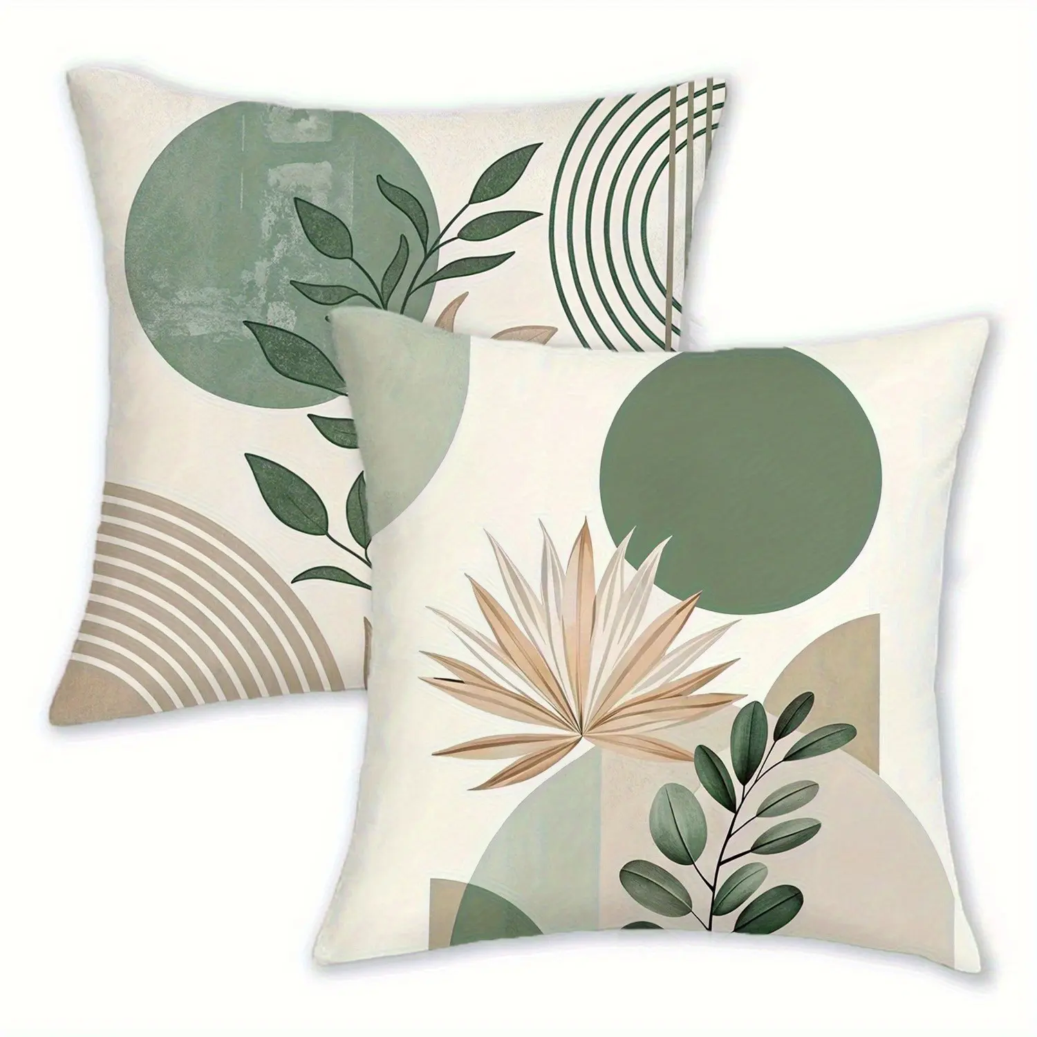 2pcs Stylish Green Leaf And Circle Patterned Pillow Covers, Suitable for Sofas, Living Rooms, Outdoor Use, And Decorative Pillowcases. Single-Sided Printing, Pillow Core Not Included
