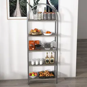 Modern 5-Tier Arched Bookcase, Tall Standing Open Storage Bookshelf with Wooden Shelves & Gold Metal Frame, Decor Display Shelving in White/Gold Finish for Home Office Bedroom Living Room
