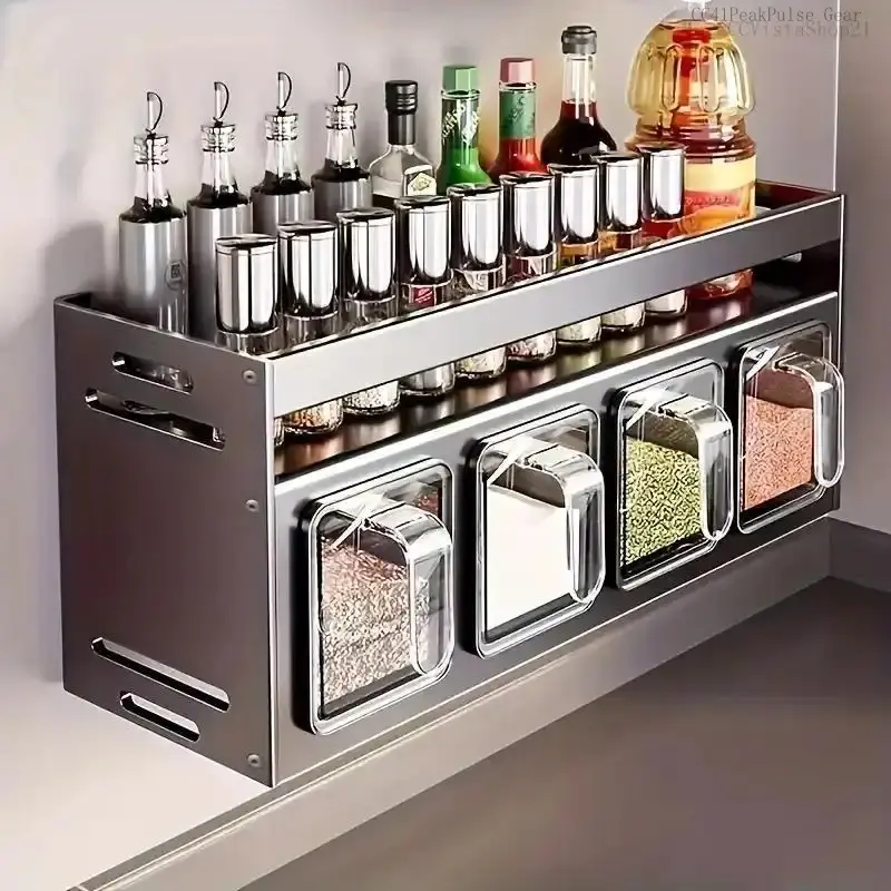 Wall-Mounted Spice Rack Organizer, Kitchen Storage Solution, No Drilling Required, Durable Aluminum Material, Space-Saving DesignCCVistaShop21CC41PeakPulse Gear
