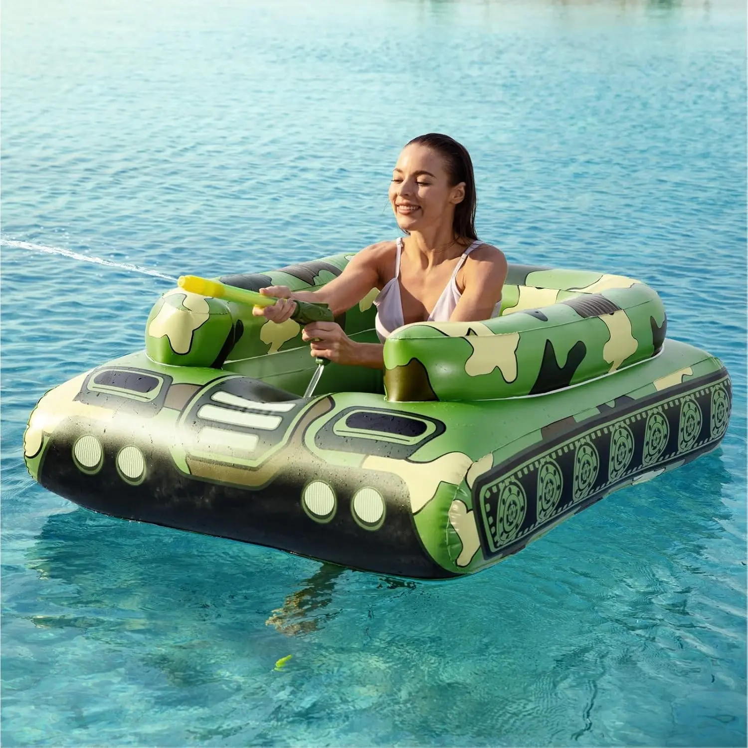Inflatable Tank Pool Floats Adults - Kids Pool Floaties Swimming Pool Tank with Water Cannon Gun Swim Floaty Rafts Lake Beach Party Pool Toys for Boys Girls Kids Adults Green