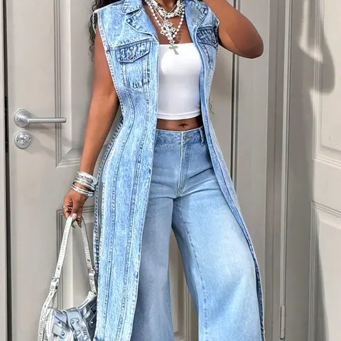 Women's Sleeveless Denim Jacket, Casual Jean Vest, Spring & Fall Fashion, Casual Style, Solid Color, Trendy Lapel Design, Daily Wear Outerwear