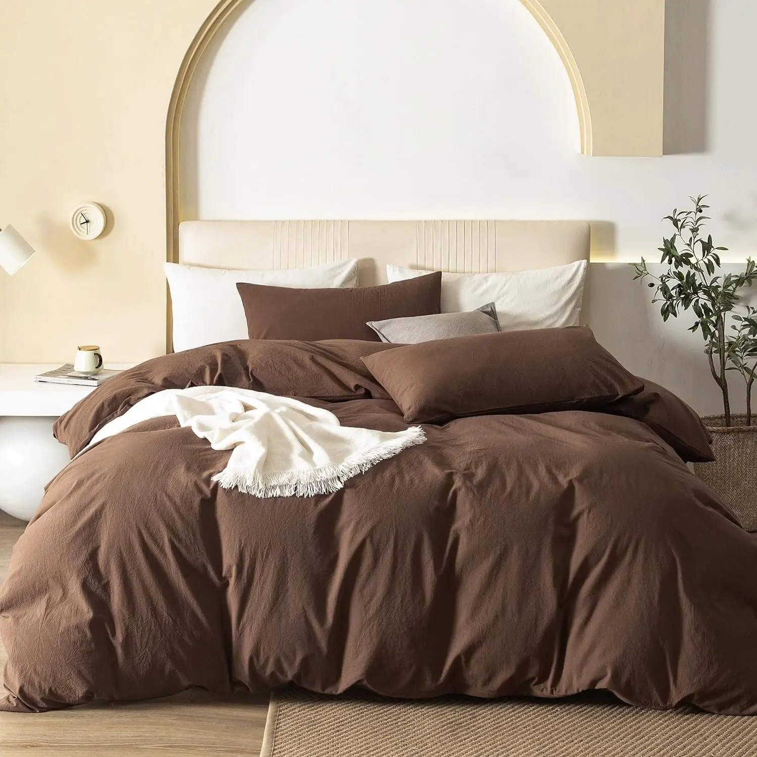 Queen Size Duvet Cover Set, 3-Piece - 100% Washed Cotton, Linen-Like Soft & Breathable with Zipper Closure, Includes 90x90 Inch Cover & 2 Pillowcases, Solid Chocolate Brown