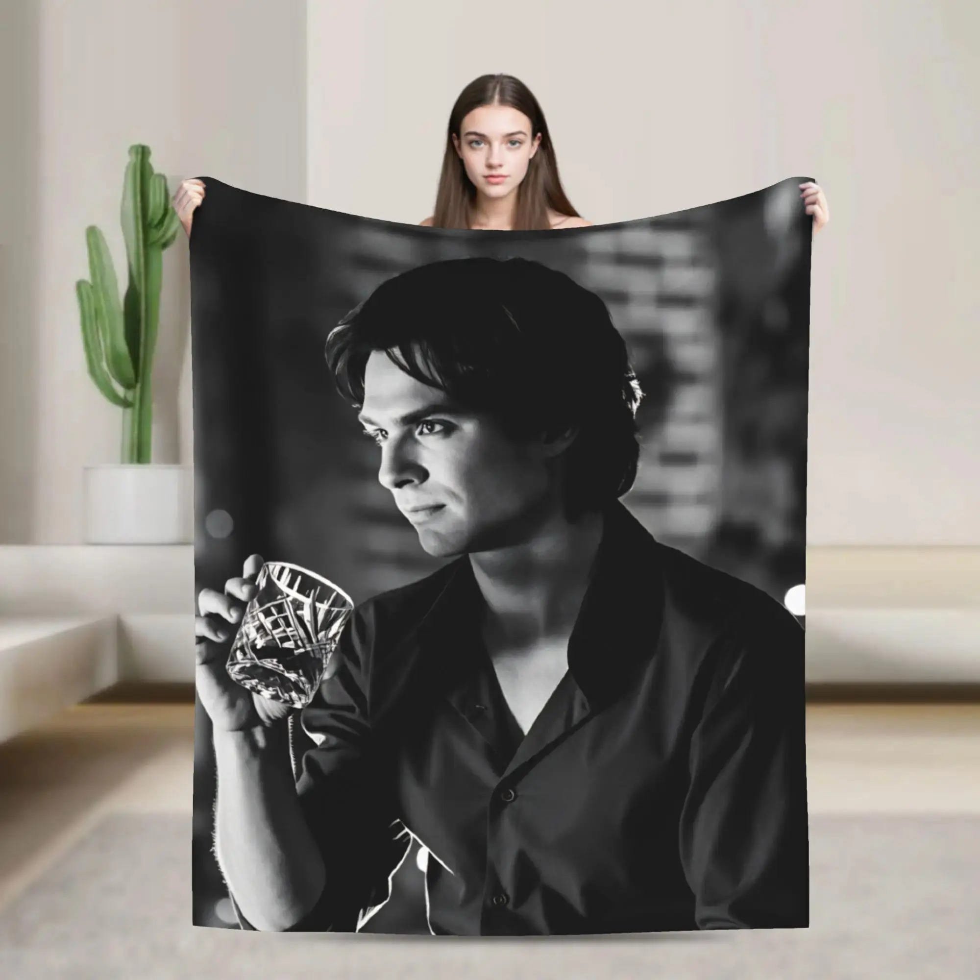 Damon Salvatore Character Print Flannel Fabric Blanket - Multi-Size Throw for Couch & Bed, Home & Travel, Fan Collection & Bedroom Decor