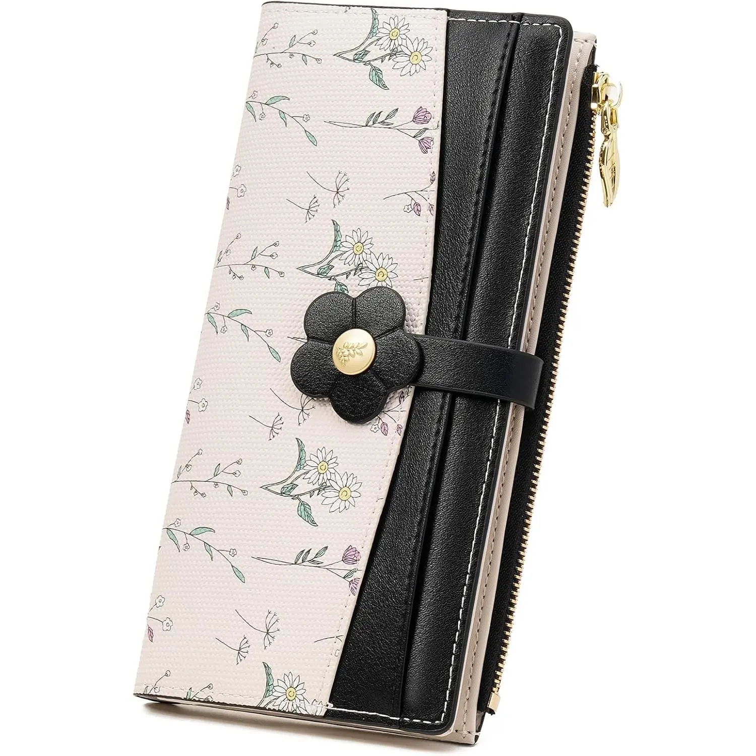 Womens Wallet Slim Thin RFID Blocking Bifold Floral Vegan Leather Card Holder Large Capacity Wallet with Zipper Pocket