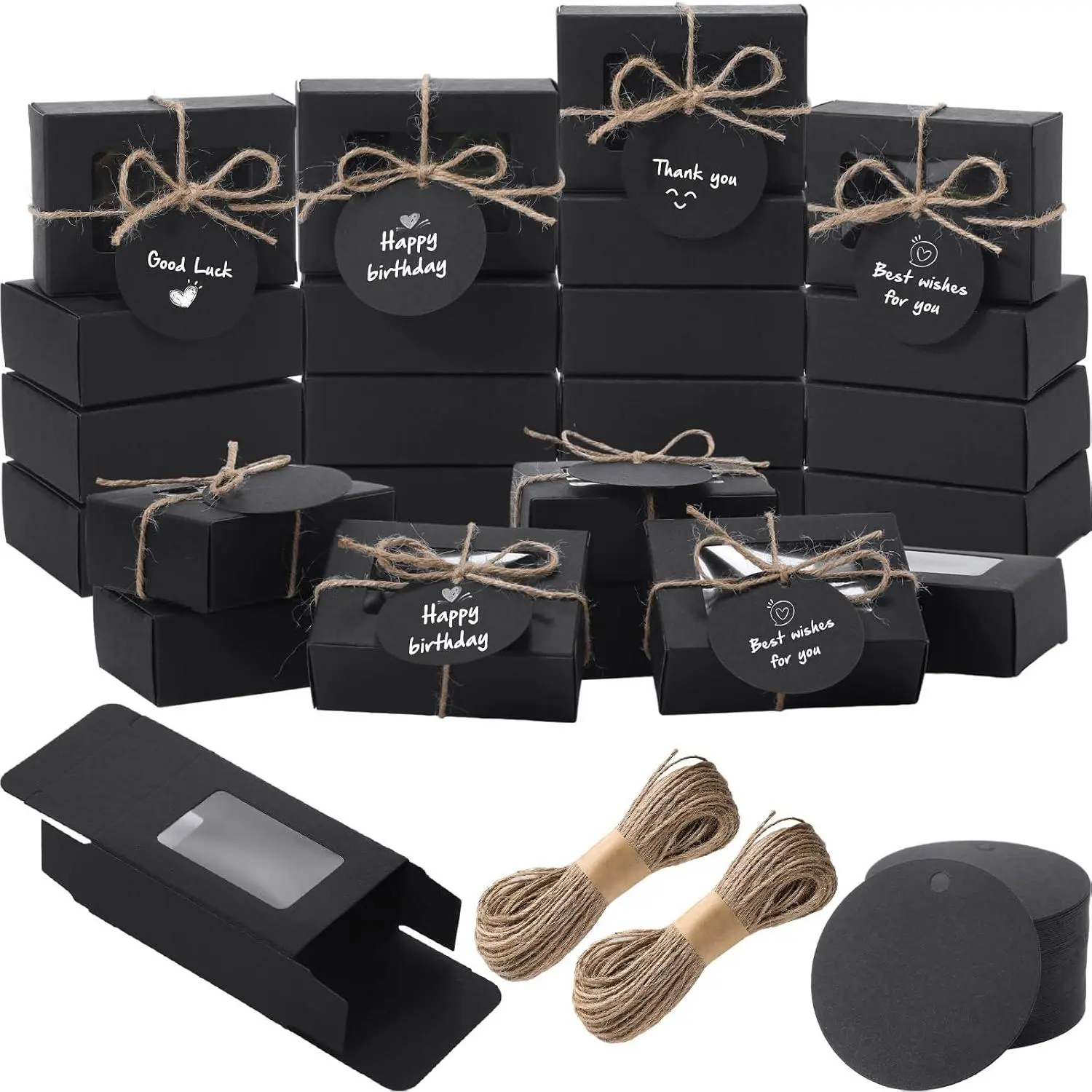 100 Set Black Small Soap Boxes for Homemade Soap, 3.35 x 2.36 x 1.2 Inch Paper Packaging Boxes with Window, with 100 Tag and Twine,  Wrapping Supplies for Bakery Candy Cookies Party Favors