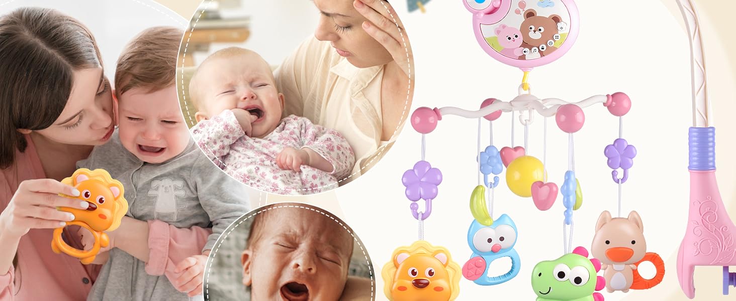 Crib Mobile with Music and Lights, Baby Mobiles for Cribs, Nursery Musical Mobile for Bassinets Toys Hanging Girls Boys, Pack and Play Space Portable Animal Mobile Hanger Arm Clip On Attachment