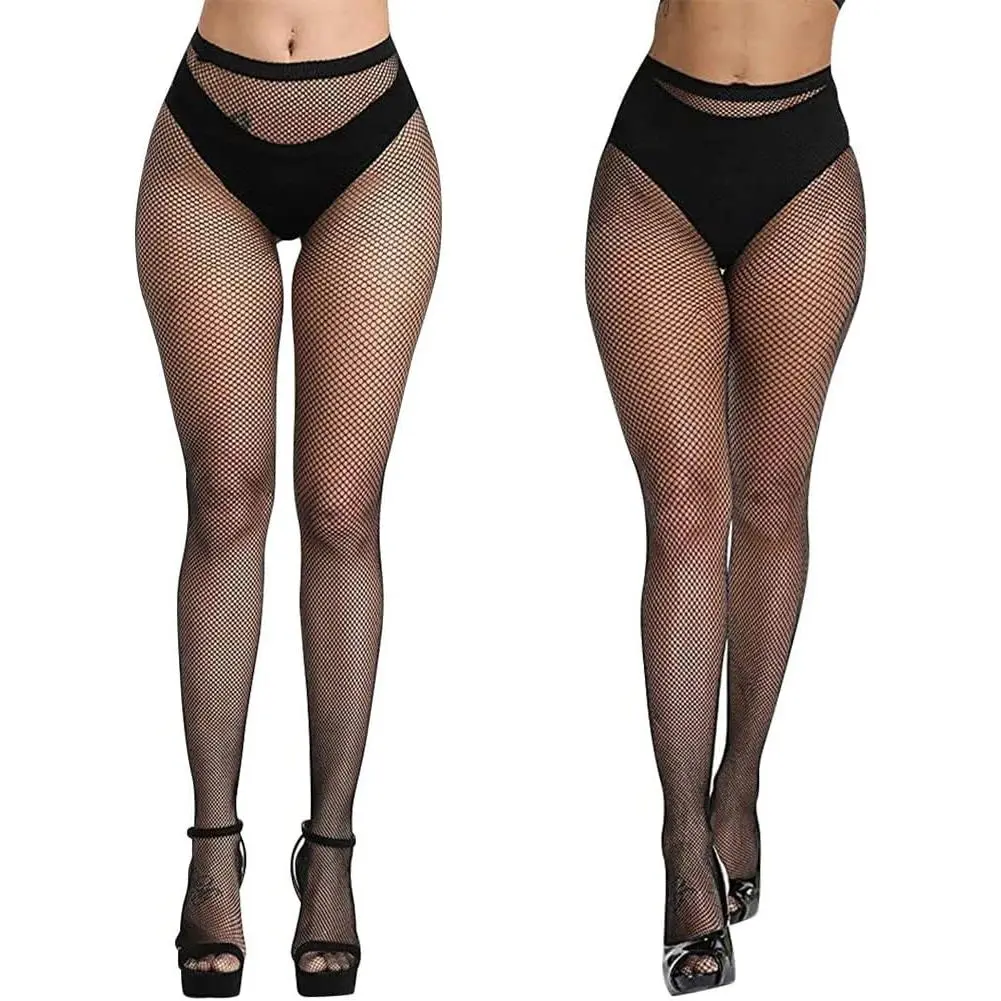AOMIG Women's 2Pcs High Waist Plus Size Clothes Fishnet Stockings - Medium Small Net Hole, Black Mesh Pantyhose, Sexy for Rave Outfits