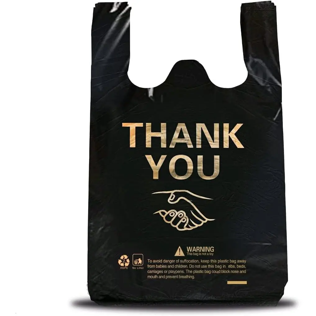 50 count Thank You Plastic T Shirt Bags for Small Business Store Disposable Plastic Shopping Bag with Handle tshirt Bag Heavy Duty Bulk 7x15 Inch from Black
