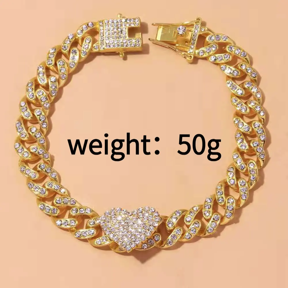 Iced Out Rhinestone Heart Charm Cuban Link Anklet, 25cm Alloy Metal Unisex Jewelry for Men/Women, Gold Cuban Chain, Summer Beach Hip-Hop Style