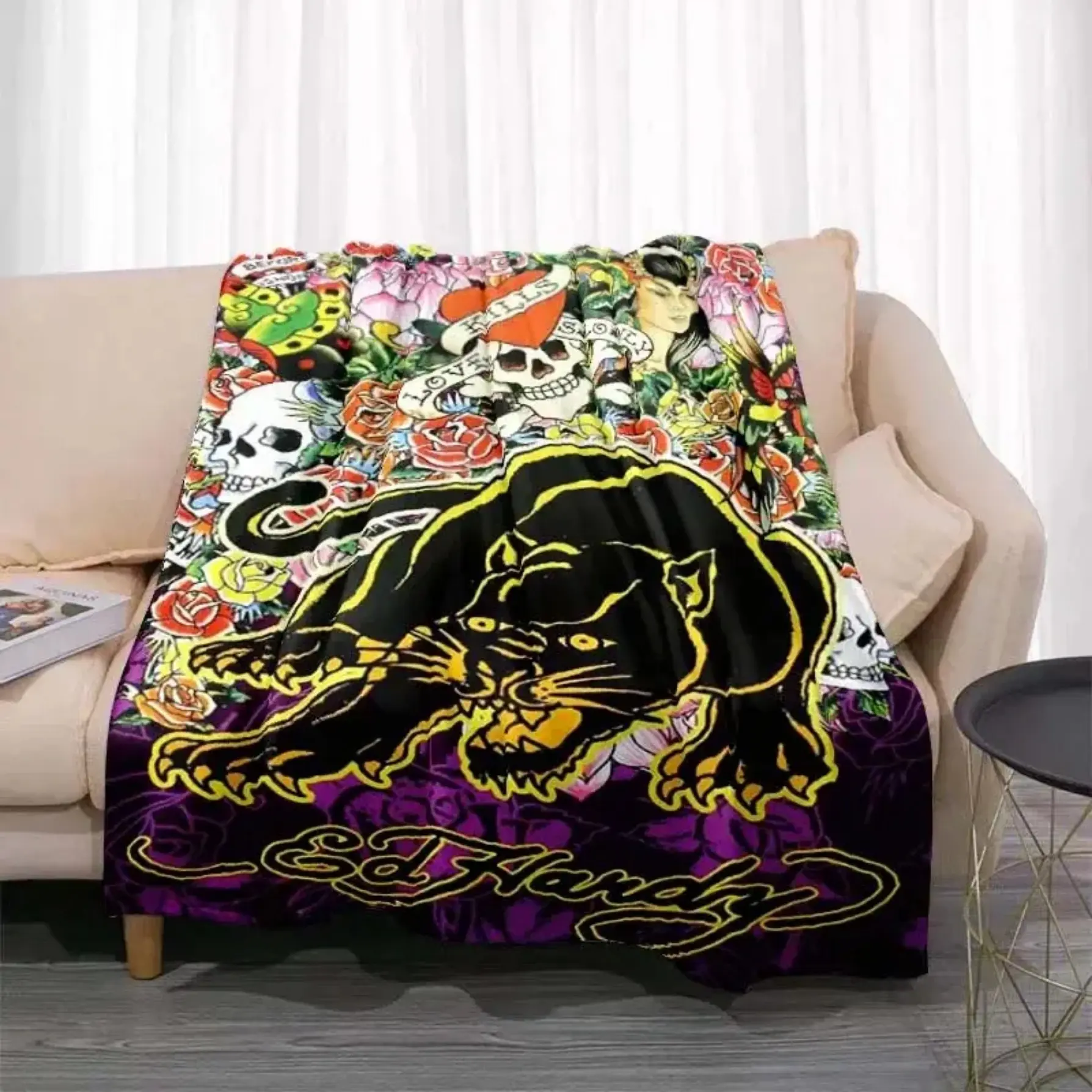 Ed Hardy Style Tattoo Tiger Skull Flannel Blanket Soft Warm Plush Fleece Throw Y2K Grunge Gothic Room Decor Sofa Couch Bed Bedding Office Leisure Travel Men Women Gift