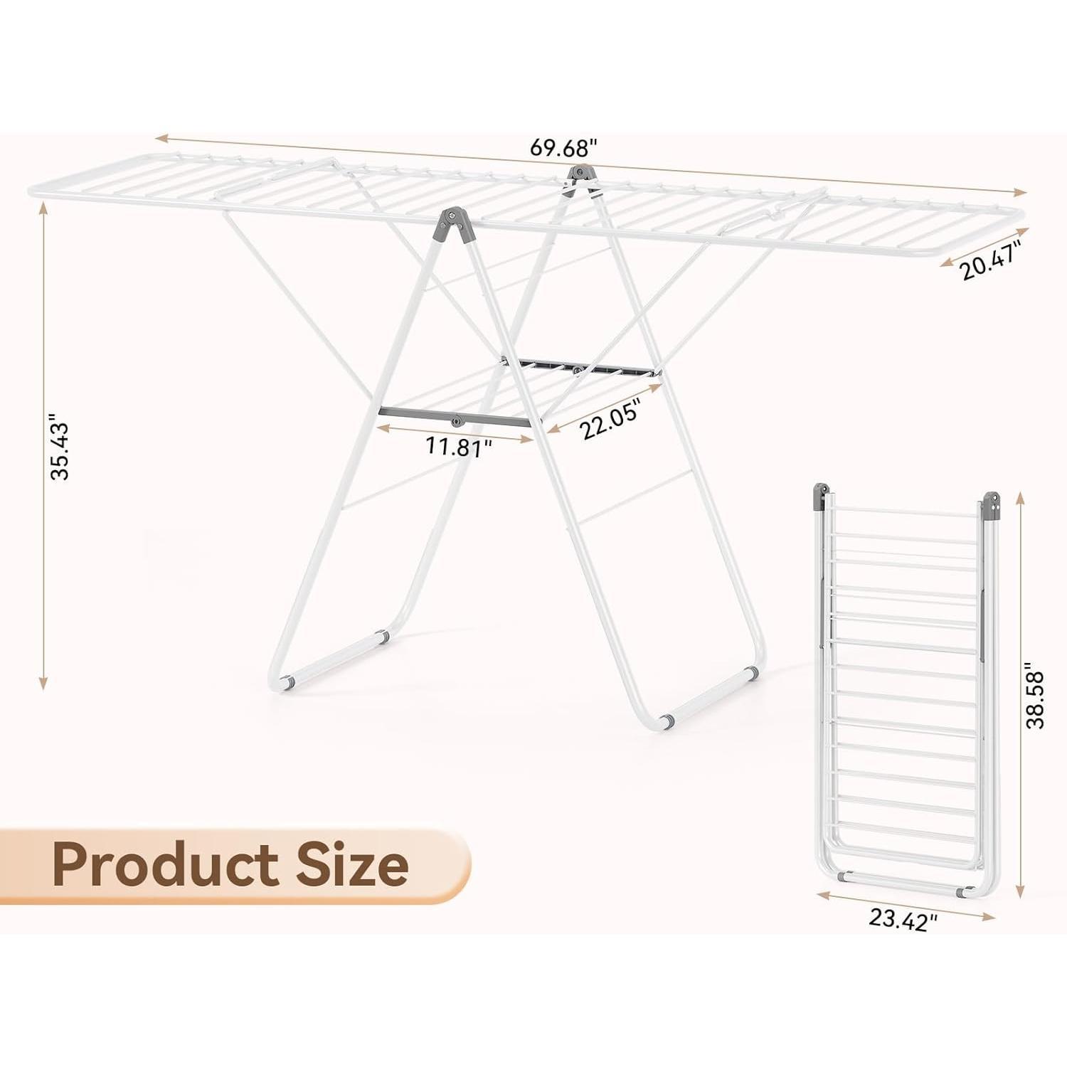 Clothes Drying Rack, Foldable Drying Rack Clothing, Sturdy Metal Laundry Drying Rack, Height-Adjustable Gullwing, Easy to Fold, Space-Saving, for Indoor Outdoor, White