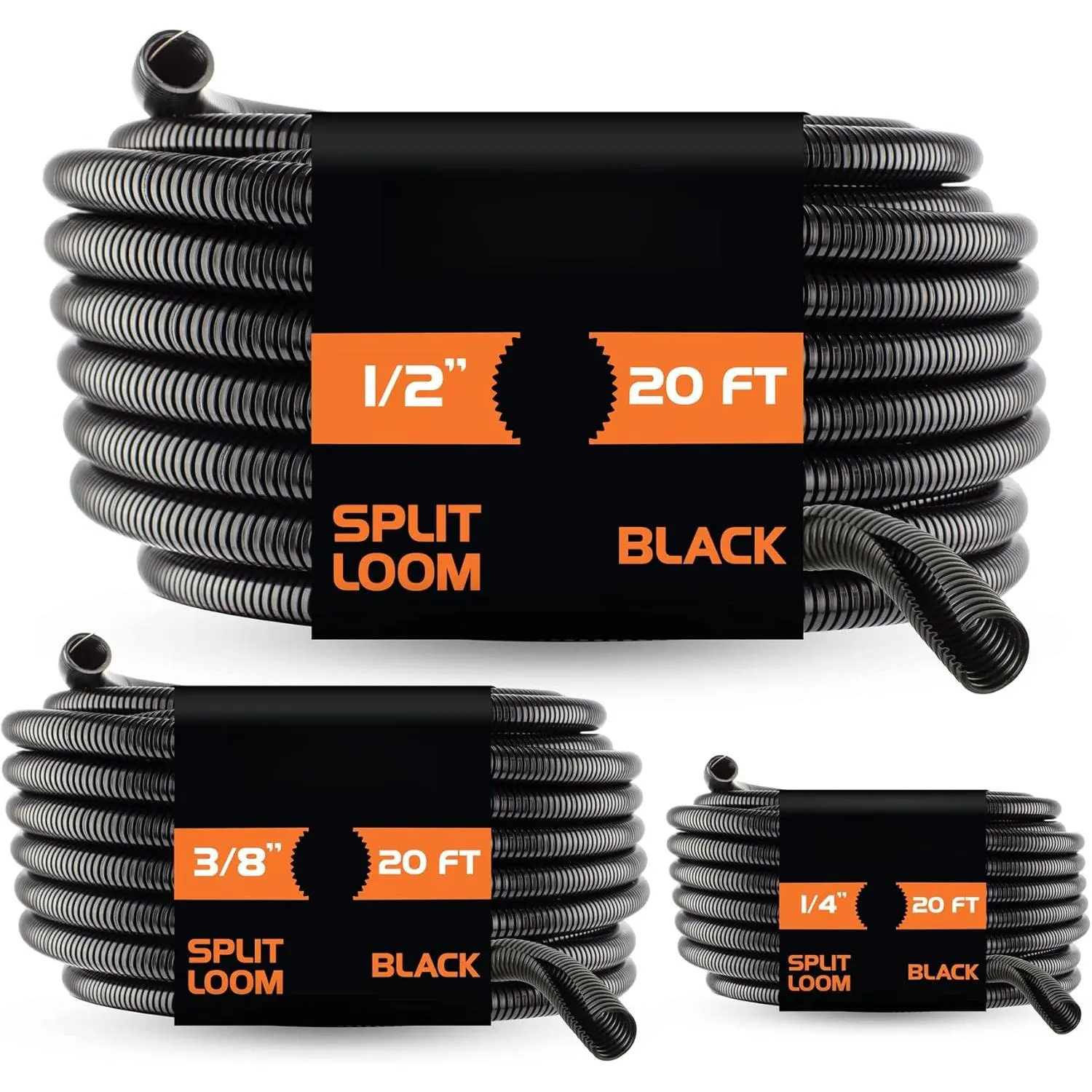 Multi-Size Split Wire Loom Flex-Guard Convoluted Tubing Assortment Pack (3-Pack: 1/4 in, 3/8 in, 1/2 inch x 20 ft Each) - Black Cable Protection Sleeves, 65°c (149°f) for Automotive, Construction Use