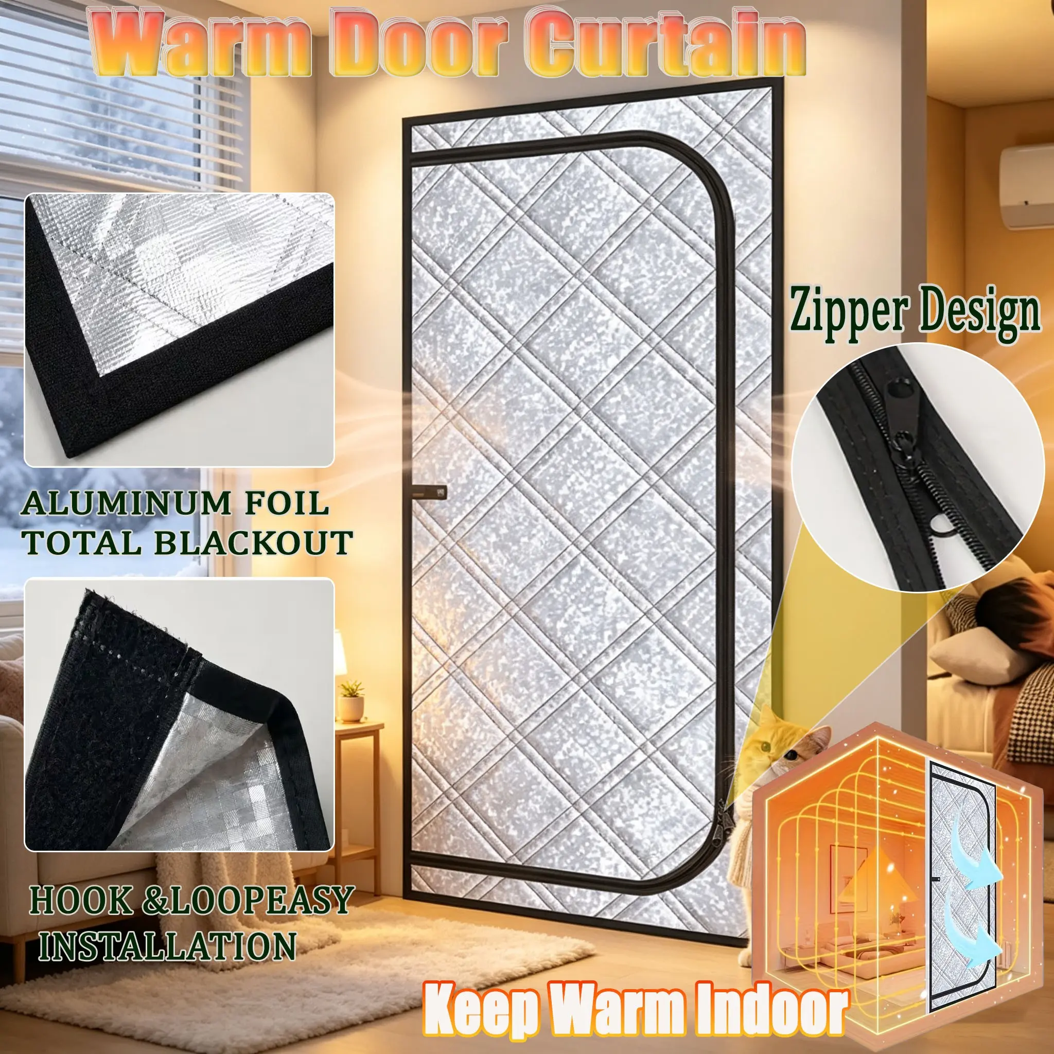 U-Shaped Zipper Thermal Insulated Door Curtain, Aluminum Foil Quilted Cotton, Blackout, Windproof Cold Blocking, Winter Warm Cover for Bedroom Living Room
