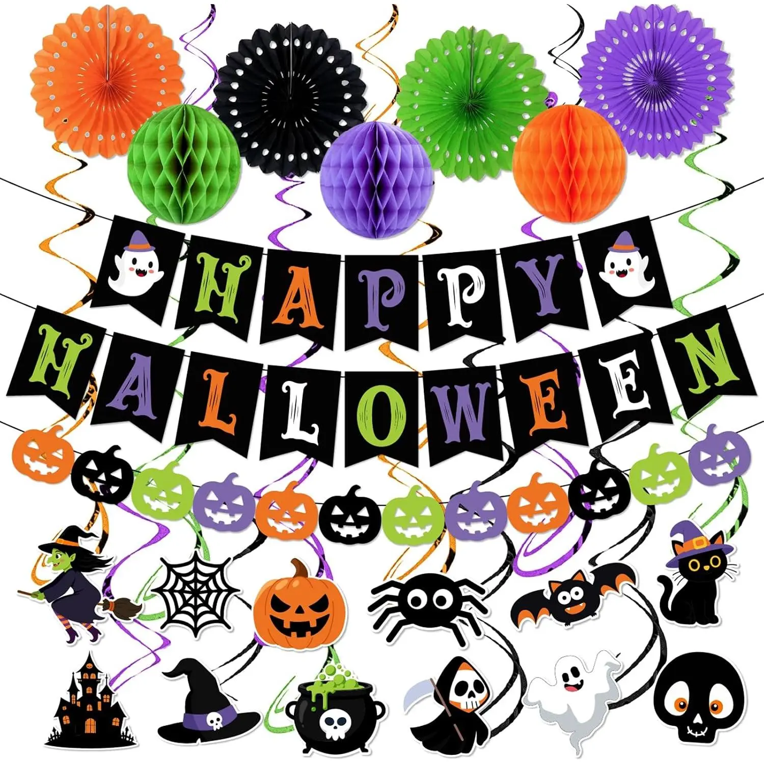 Halloween Decorations, Happy Halloween Banner  Balls Pumpkin Garland Paper Fans Halloween Party  Swirls Streamers for Office Classroom Trick or  Halloween Decorations Indoor