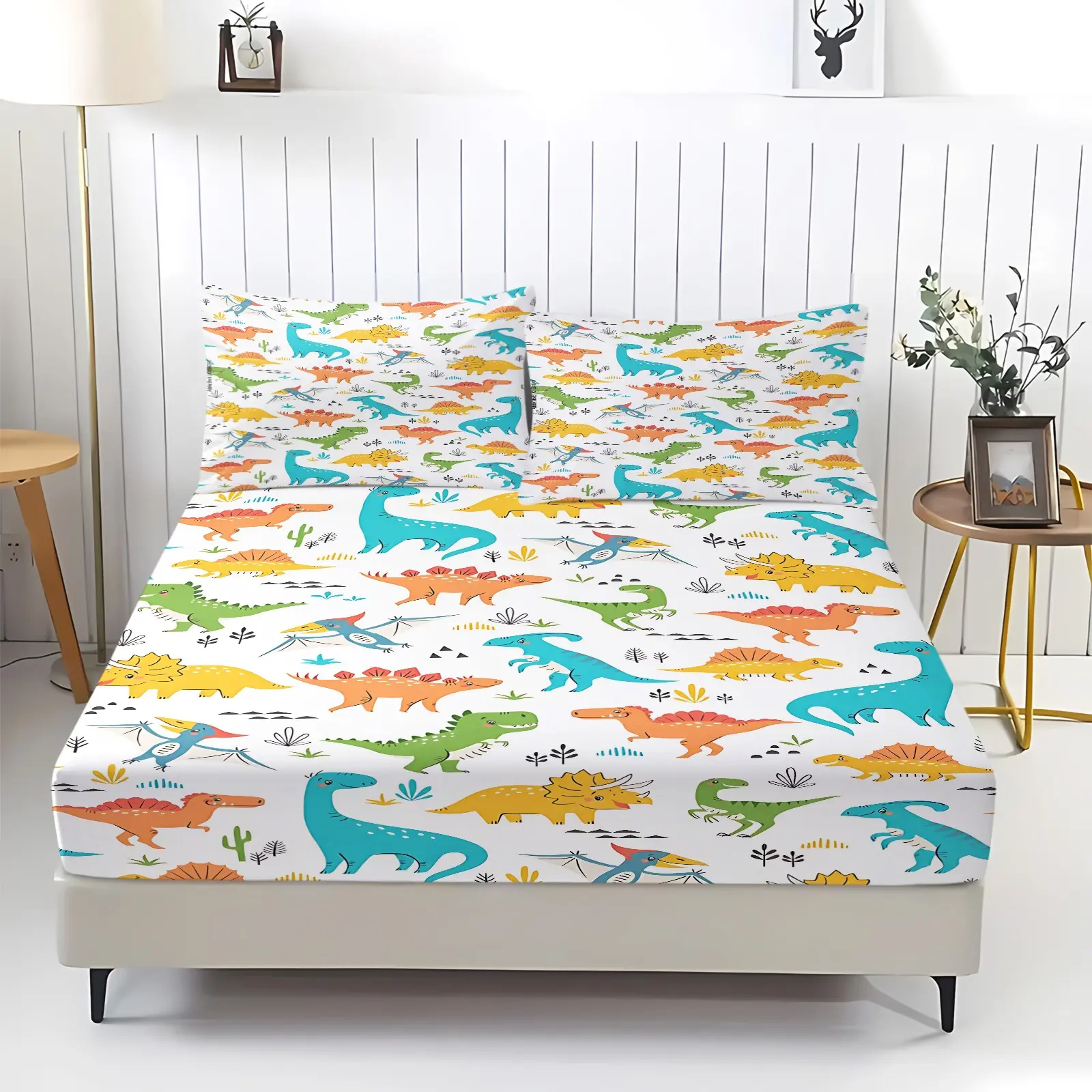 3pcs Colorful Dinosaur Printed Fitted Sheets, Cute Cartoon Jurassic World Style Bedding Set, Colorful Ultra-Fine Fiber Bed Sheets, Soft And Comfortable, 1 Fitted Sheet+2 Coreless Pillowcases, Suitable For Children And Teenagers Bedroom Bedding Set