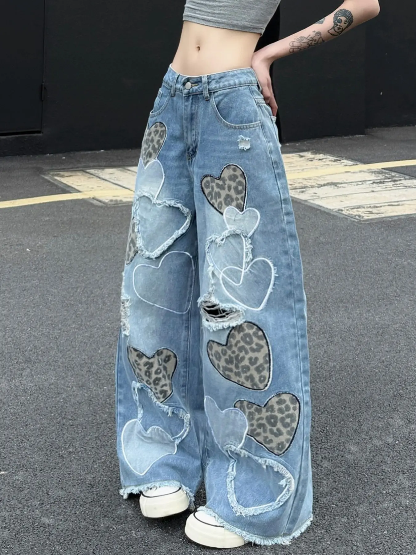Heart Patchwork Embroidery Women's Jeans, Fuzzy Edge Patched Hole Design, Fashion Streetwear Wide Leg Long Pants, All Seasons Loose Fit