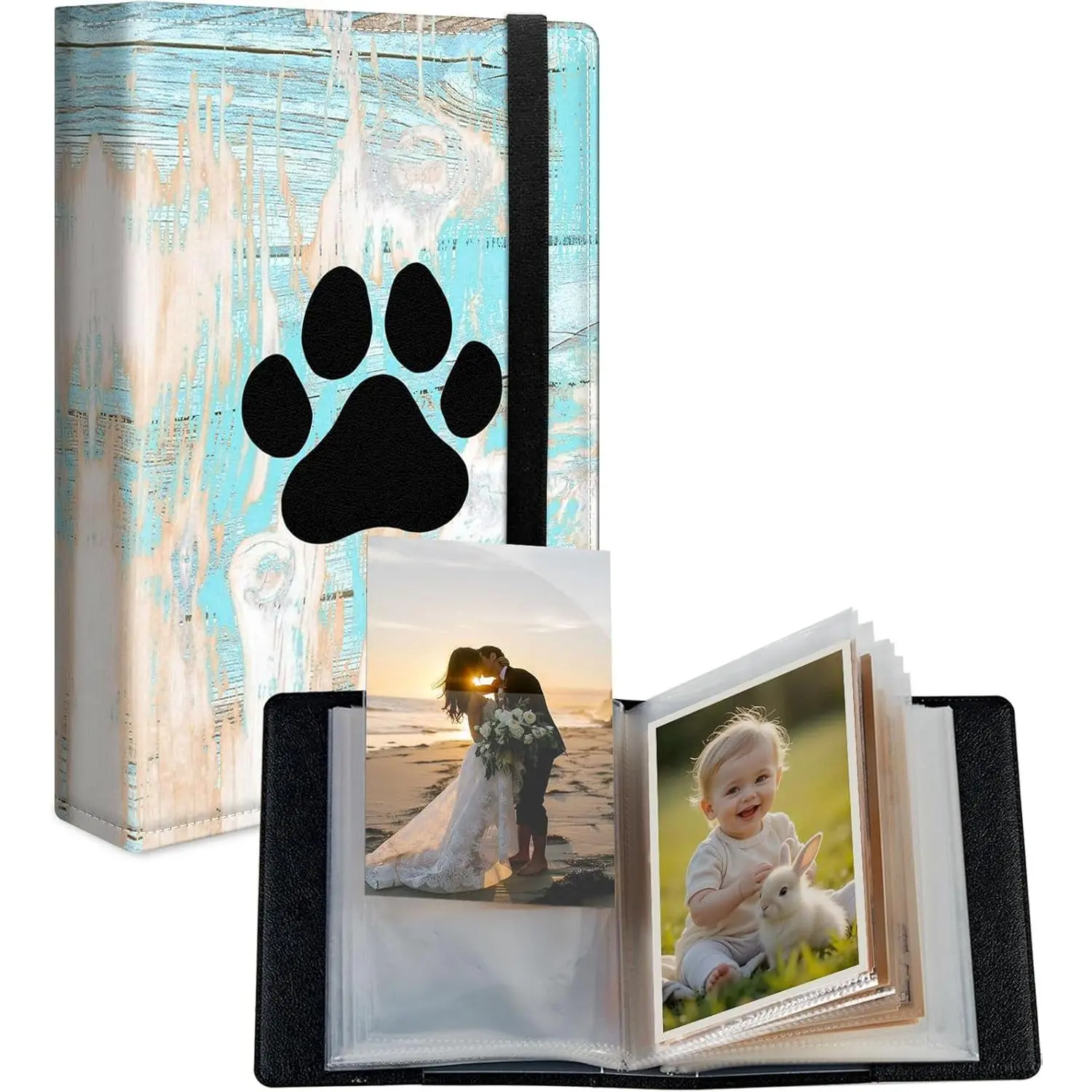 Small Photo Album 4x6 for 120 Pictures, PU Leather Cover Picture Album with Elastic Band, Mini Photo Book for Family Baby Wedding Anniversary Travel Scrapbook, Dog Paw Wood grain