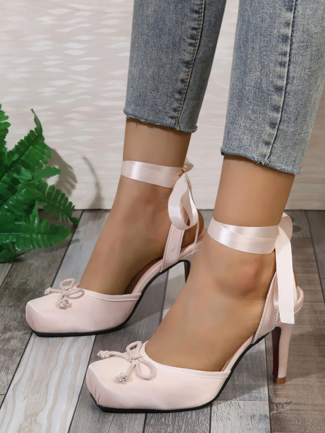 Satin High Heel Sandals, Ballet Style Strap Shoes, Sole Bow, Square Toe Party Shoes, Elegant Plain Design, Elegant Party Heels