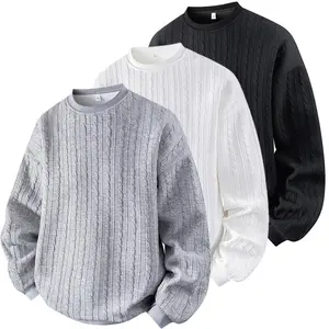 Men's Cable Knit Pattern Round Neck Sweatshirt, Solid Color Casual Loose Long Sleeve T-Shirt, Made from High-Quality Fabric Comfortable Base Shirt, Home Wear Daily Wear, Plus Size S-5XL Men's T-Shirt