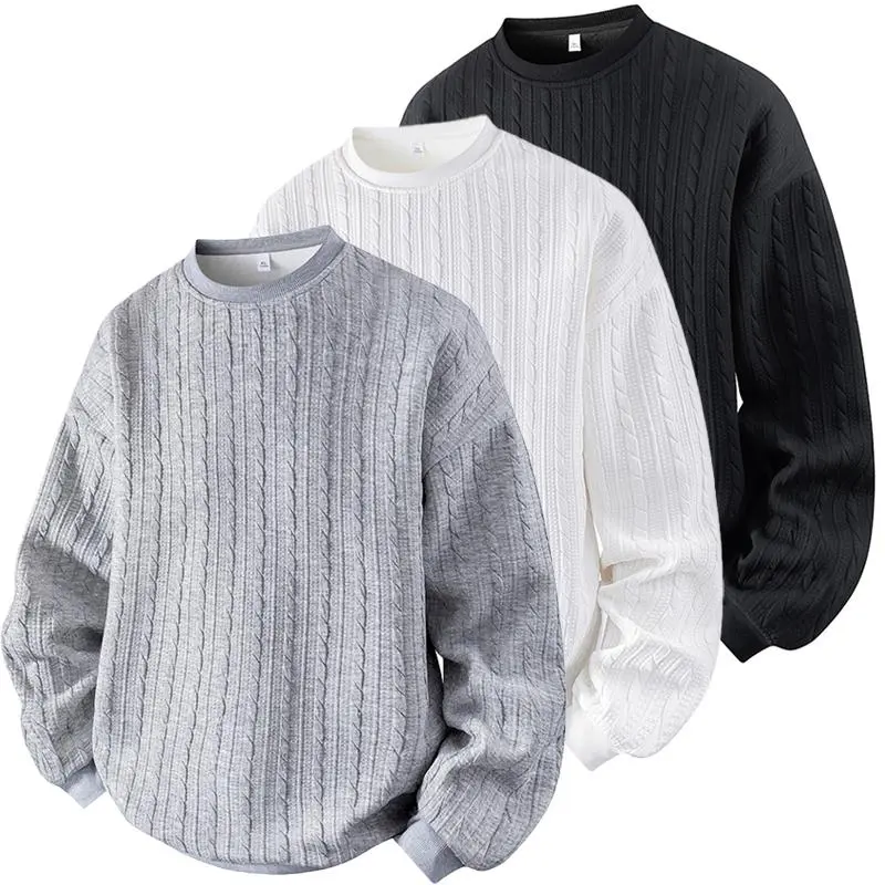Men's Cable Knit Pattern Round Neck Sweatshirt, Solid Color Casual Loose Long Sleeve T-Shirt, Made from High-Quality Fabric Comfortable Base Shirt, Home Wear Daily Wear, Plus Size S-5XL Men's T-Shirt