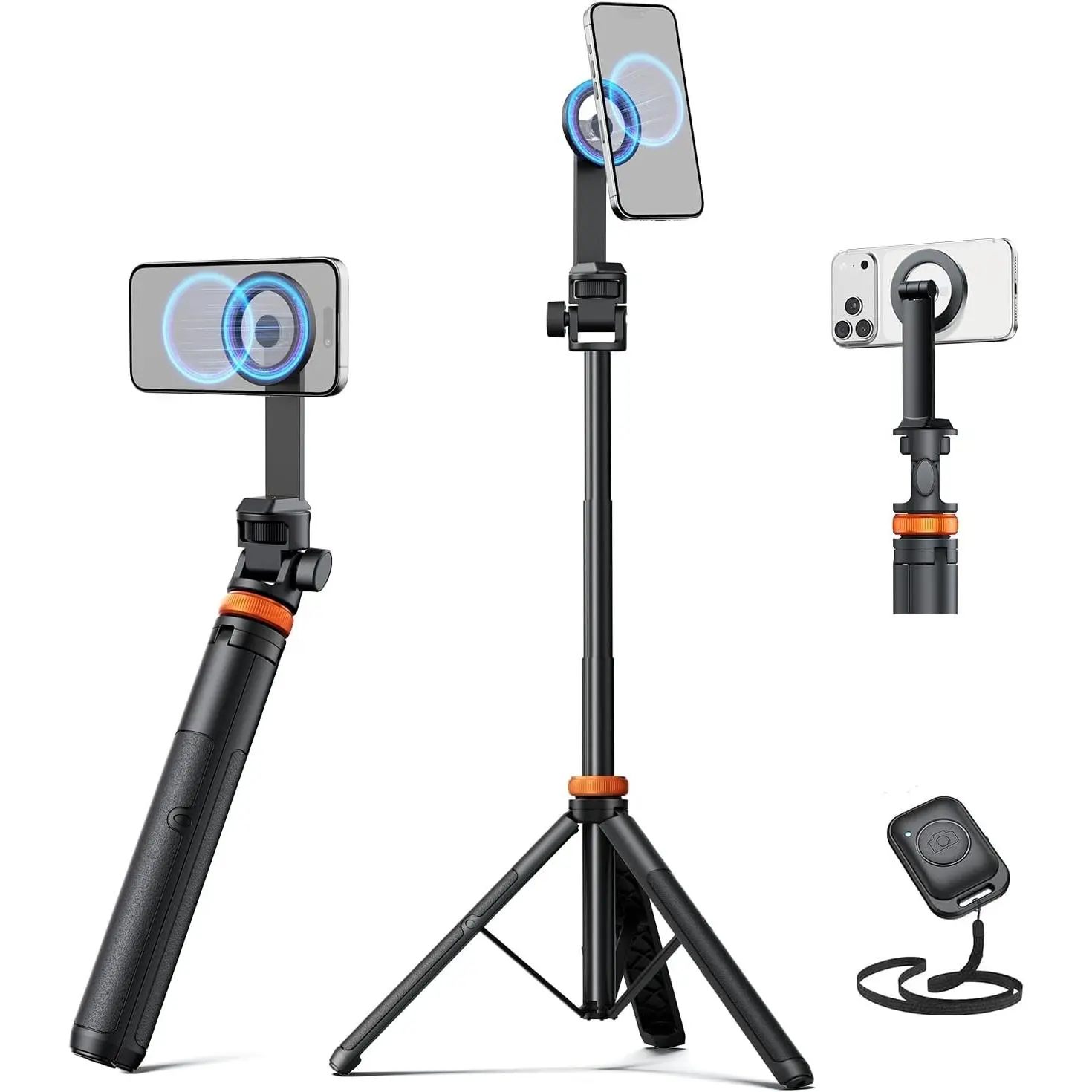 62" Magsafe Tripod, Tripod for iPhone & Magnetic Selfie Stick Tripod with Remote, Strong Magnetic Phone Holder for Magsafe, Extendable Phone Tripod Stand for iPhoneGift.