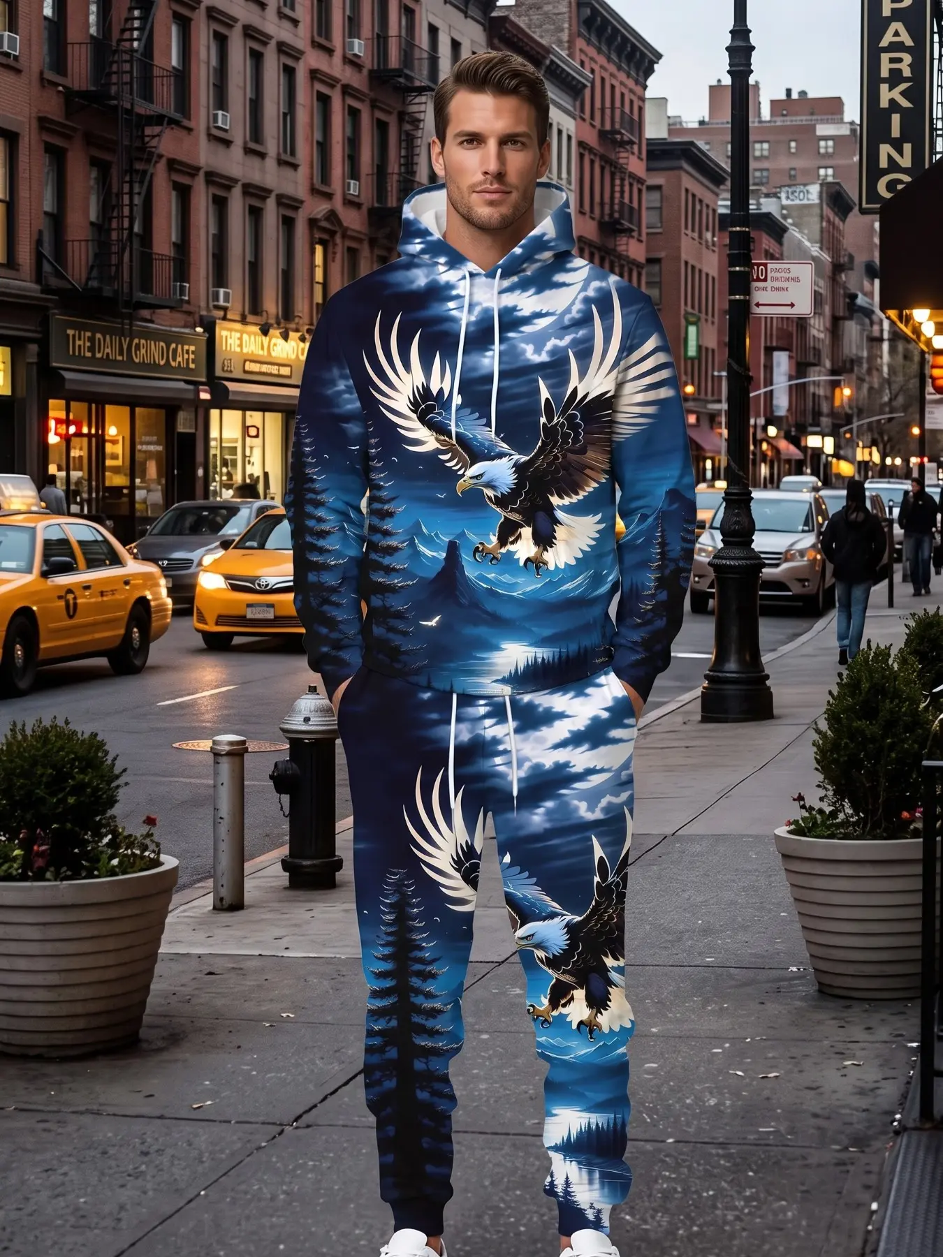 Men's 2-Piece Eagle Pattern Sweatshirt Set, Long Sleeve Casual, Comfortable for Outdoor Sports, Street Fashion Apparel