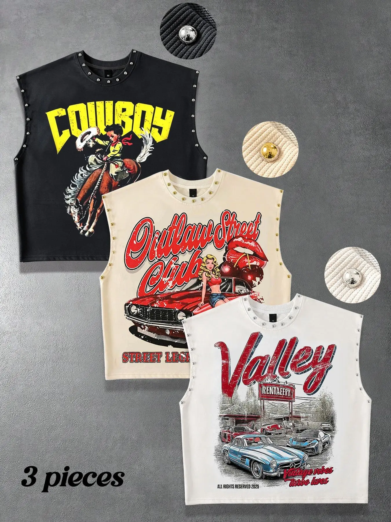 Three-piece short heavyweight men's Knitted Vest loose American western cowboy pony riding, racing girl red lips, retro racing street scene graphic printed vest for women metal rivet decoration retro casual men's vest street style daily vacation Y2K style