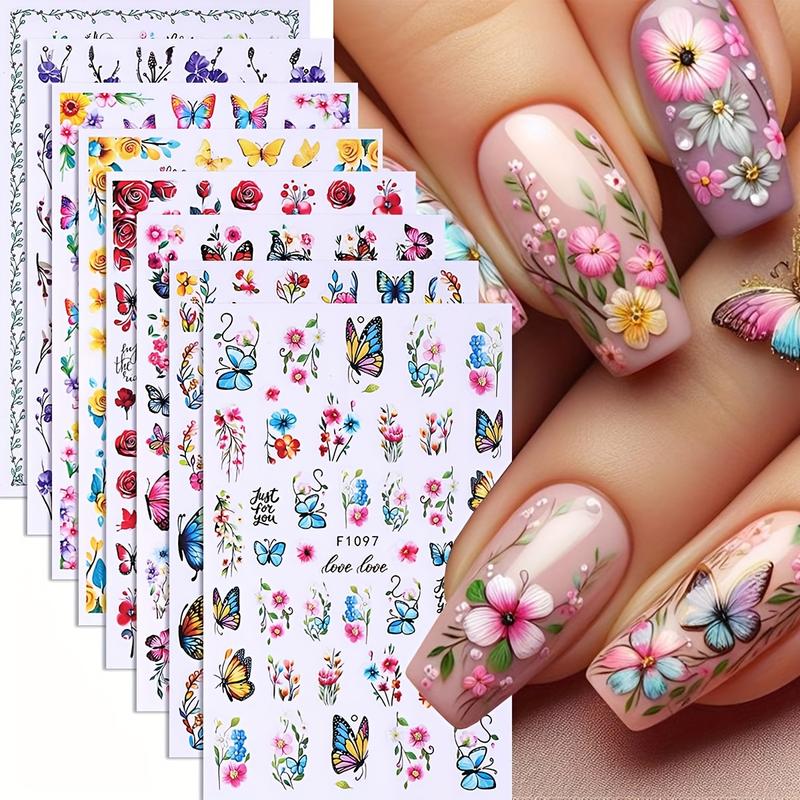 8 Vibrant Butterfly and Floral Nail Art Stickers, 3D Spring Summer Designs, Elegant Rose Daisy Lotus, Flower Design Nails, Nail Decorations, Butterfly Decor