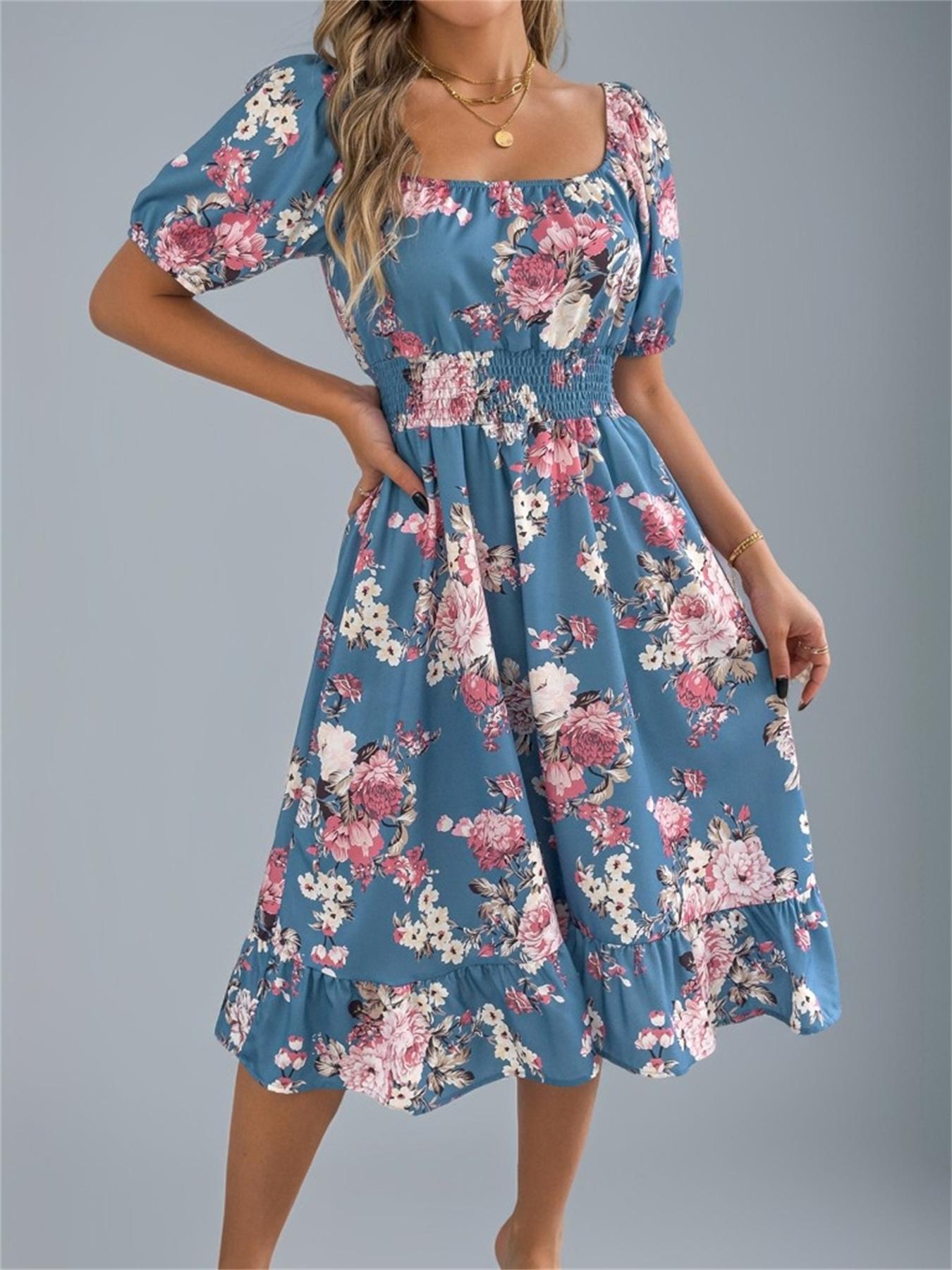 Women's Ditsy Floral Print Shirred Ruffle Hem Dress, Boho Fashion Square Neck Puff Sleeve Knee Length Dress for Holiday Daily Wear, Ladies Dress for Summer