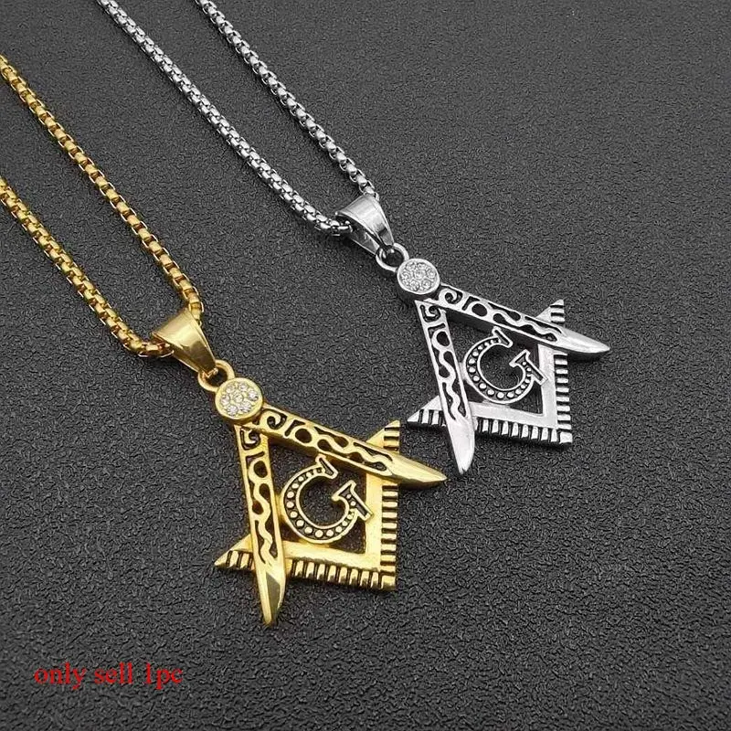 New European and American cross-border hip-hop jewelry: Titanium steel gold-plated diamond-encrusted Masonic AG pendant necklace