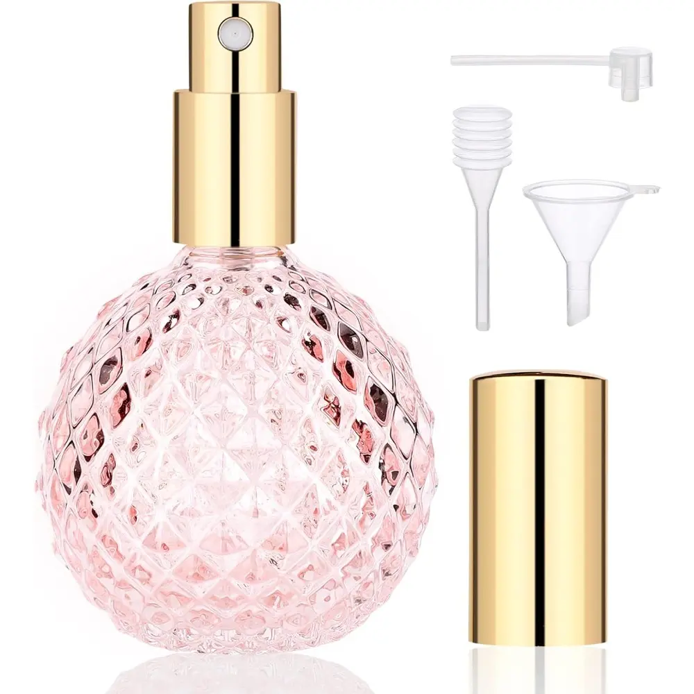 Vintage Perfume Bottle, 3.4oz 100ml Pink Spray Bottle for Perfume, Empty Refillable Glass Perfume Atomizer, Travel Cologne Dispenser Sample Containers for Liquid Cosmetic Home Decor