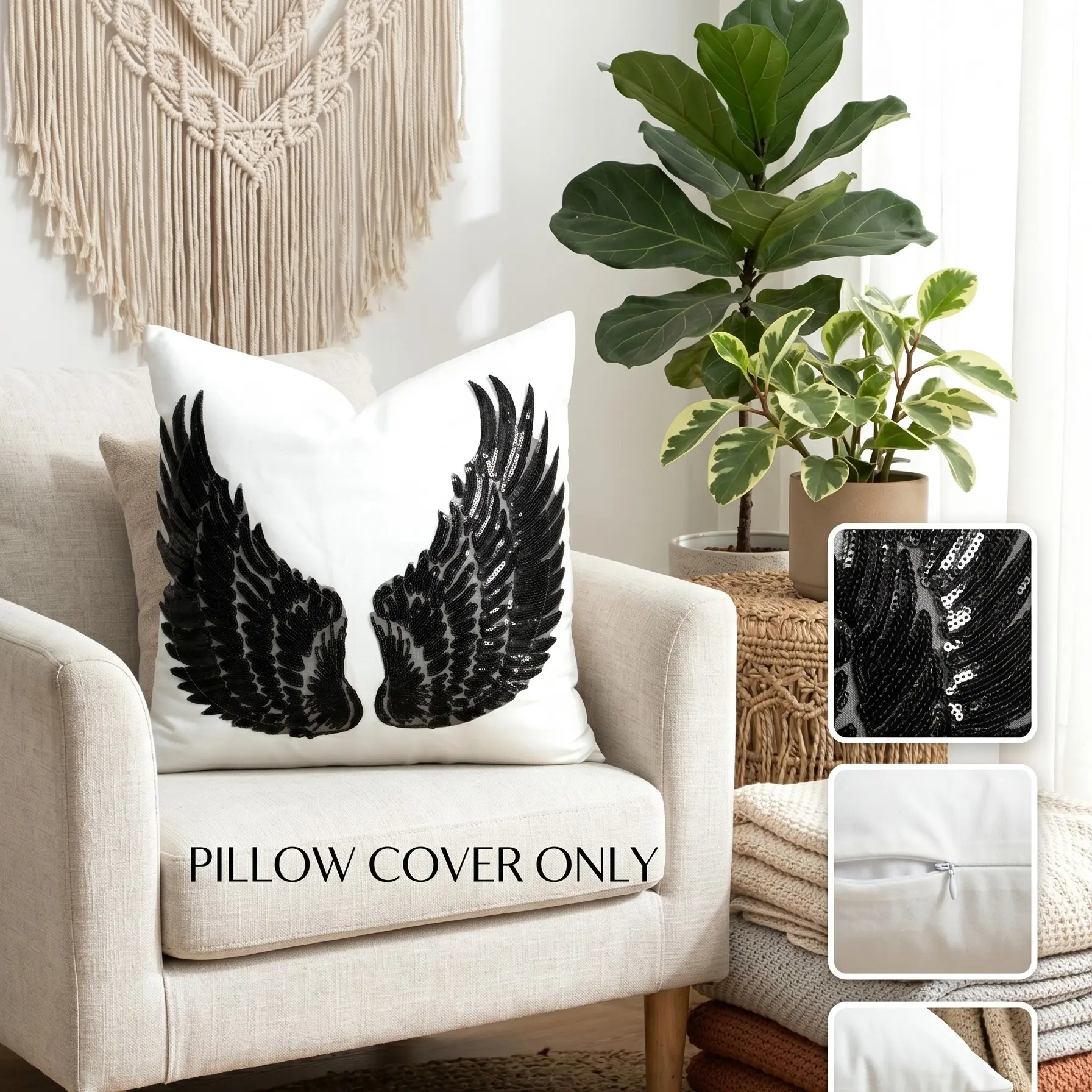 Elegant Sequined Angel Wing Pillow Cover Set, Sparkling Feather Embroidery, Invisible Zipper, All-Season Decor, Sofa, Bedroom, Party Use, Bedroom Decorative Accessories