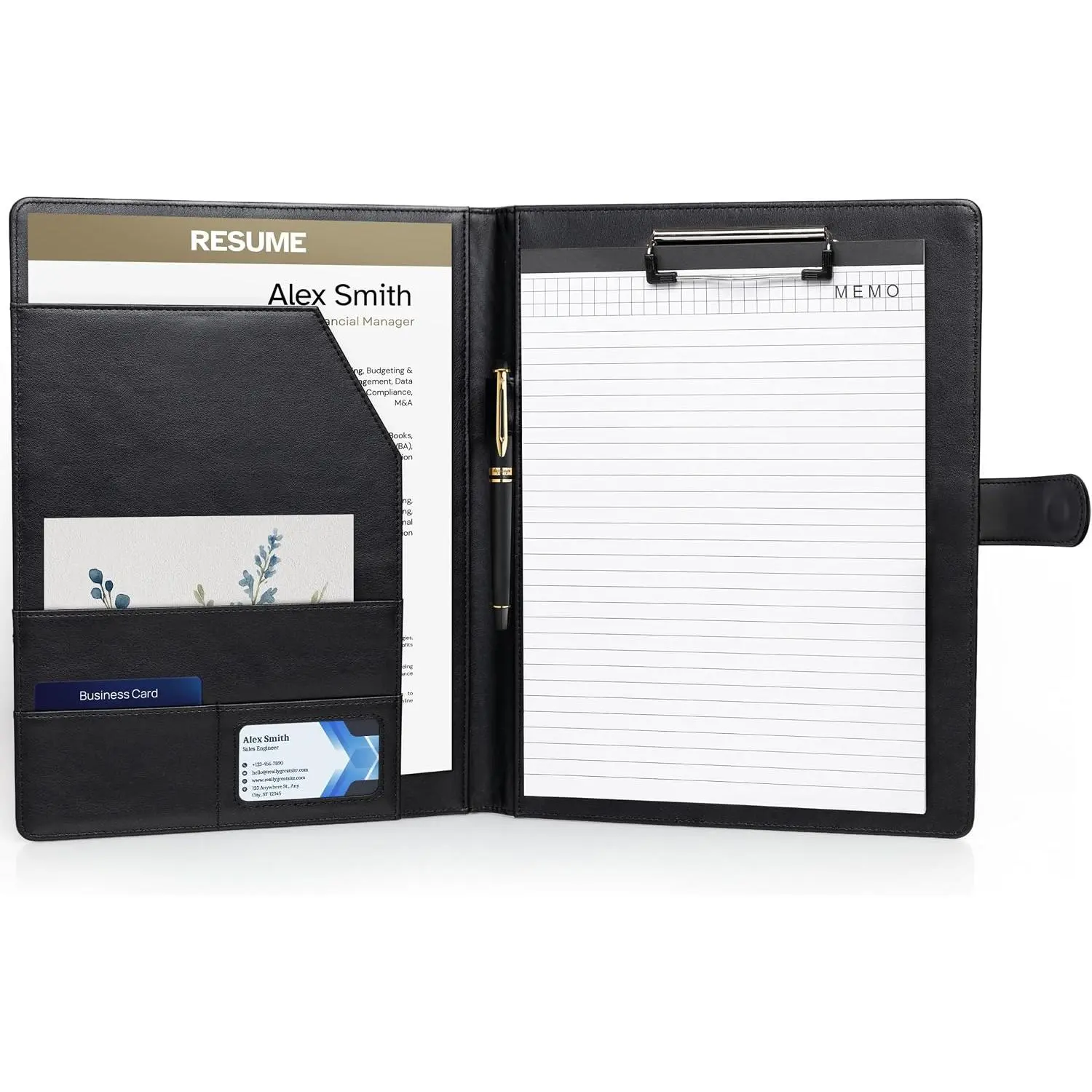 Professional Padfolio with Notepad Included | Faux Leather Portfolio Folder with Clipboard, Resume Folder, Legal Pad Holder, Business Card Holder | A4 Letter Size | Black