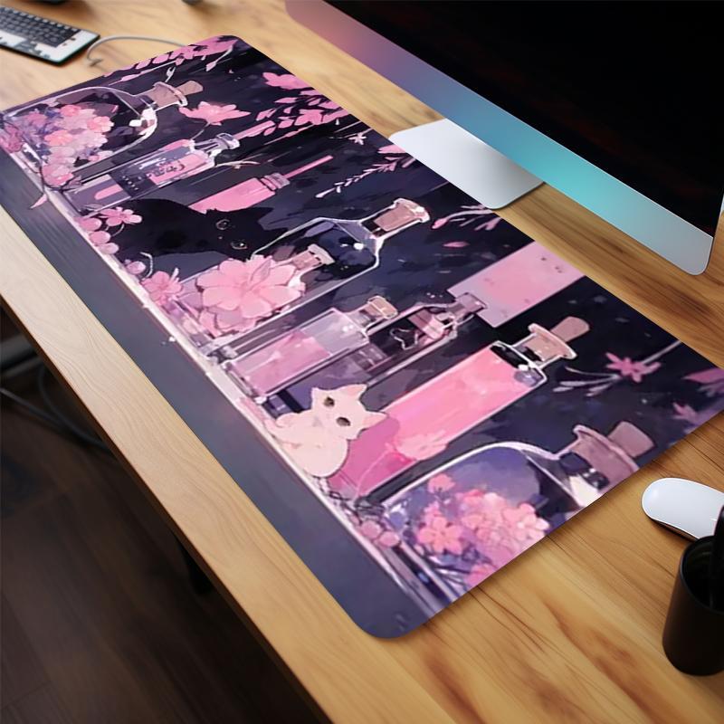 Creative Flower & Cat Pattern Design Whimsy Mouse Pad, Large Gaming Mouse Pad, Non-slip Computer Keyboard Pad for Home Office
