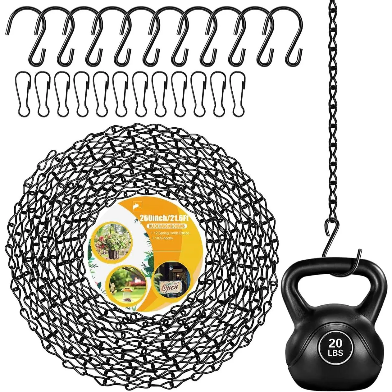 260inch Black Metal  Chains with  Basket Hooks Set | Chain Hooks Can DIY,Chains for   ,Birdcage,Birds Feeder,Grow Lights,Billboards,Wind Chime and Ornaments