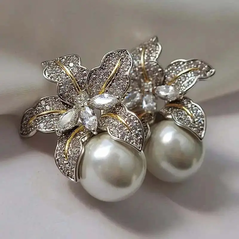 Fashion Silver Color Imitation Pearl Earrings For Women Luxury Sparkling Zircon Flower Temperament Earrings Wedding Jewelry