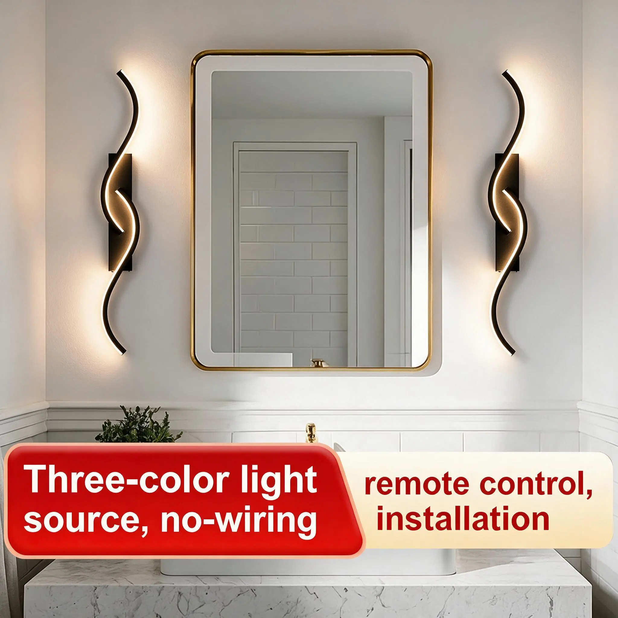 Rechargeable battery-powered wall sconce, wire-free curved LED wall lamp with remote control, no hardwired metal wall light for bedroom, living room, hallway, home decor